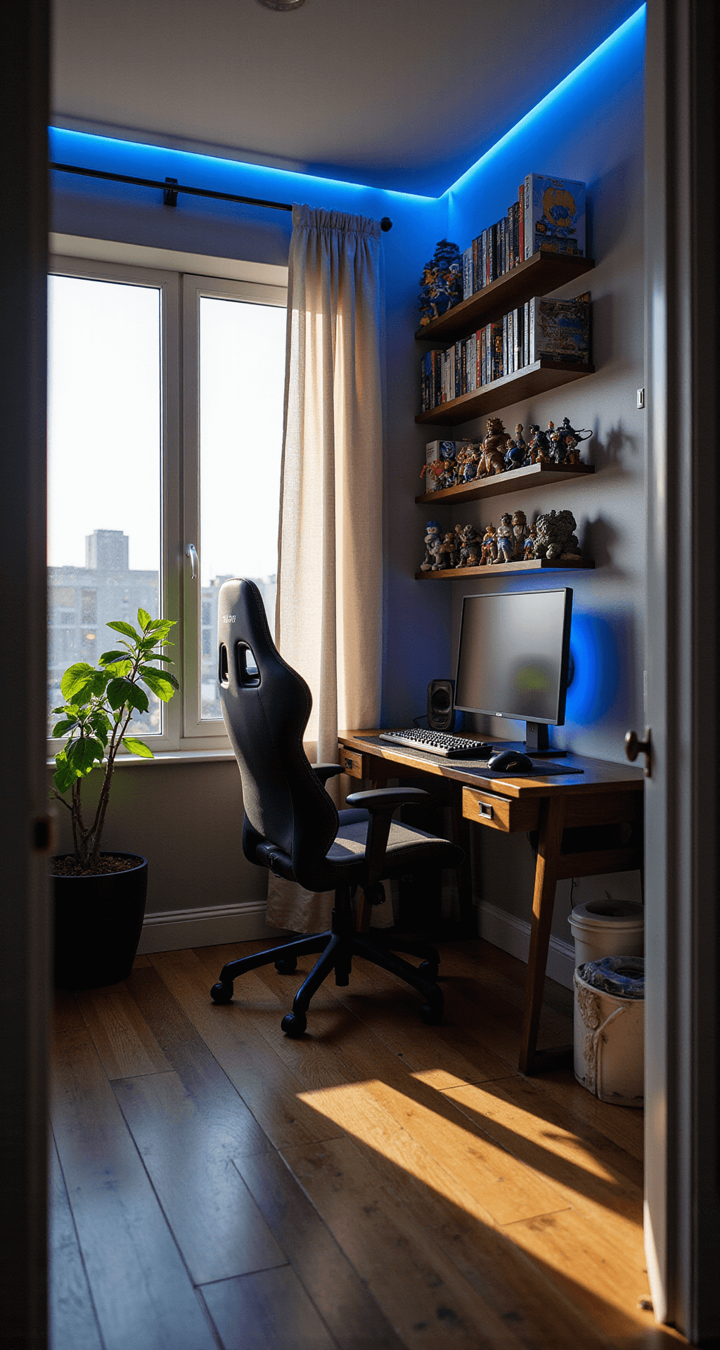 A cozy 10x12ft gaming room with a corner desk, a wall-mounted curved monitor, and colorful game figurines on floating shelves, illuminated by warm sunlight and blue LED lights, featuring a floor-to-ceiling bookshelf and a fiddle leaf fig in the corner.