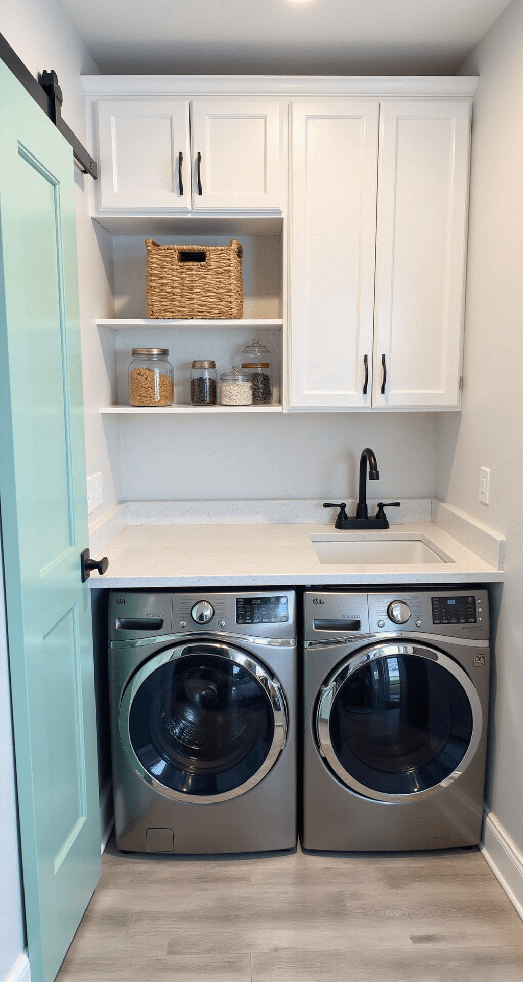 A compact and stylish laundry room with white built-in cabinets, stainless steel washer and dryer, farmhouse sink, open shelving with baskets, mint green sliding barn door, and light gray vinyl plank flooring.