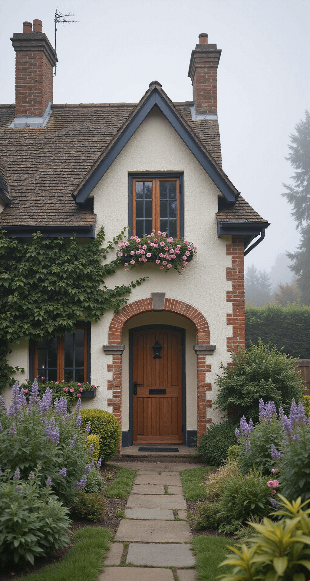 Charming 30-foot wide cottage with steep pitched slate roof, ivory brick walls adorned with climbing roses, and an arched wooden door, surrounded by a lush English garden and a stone pathway, enveloped in morning mist and soft light.
