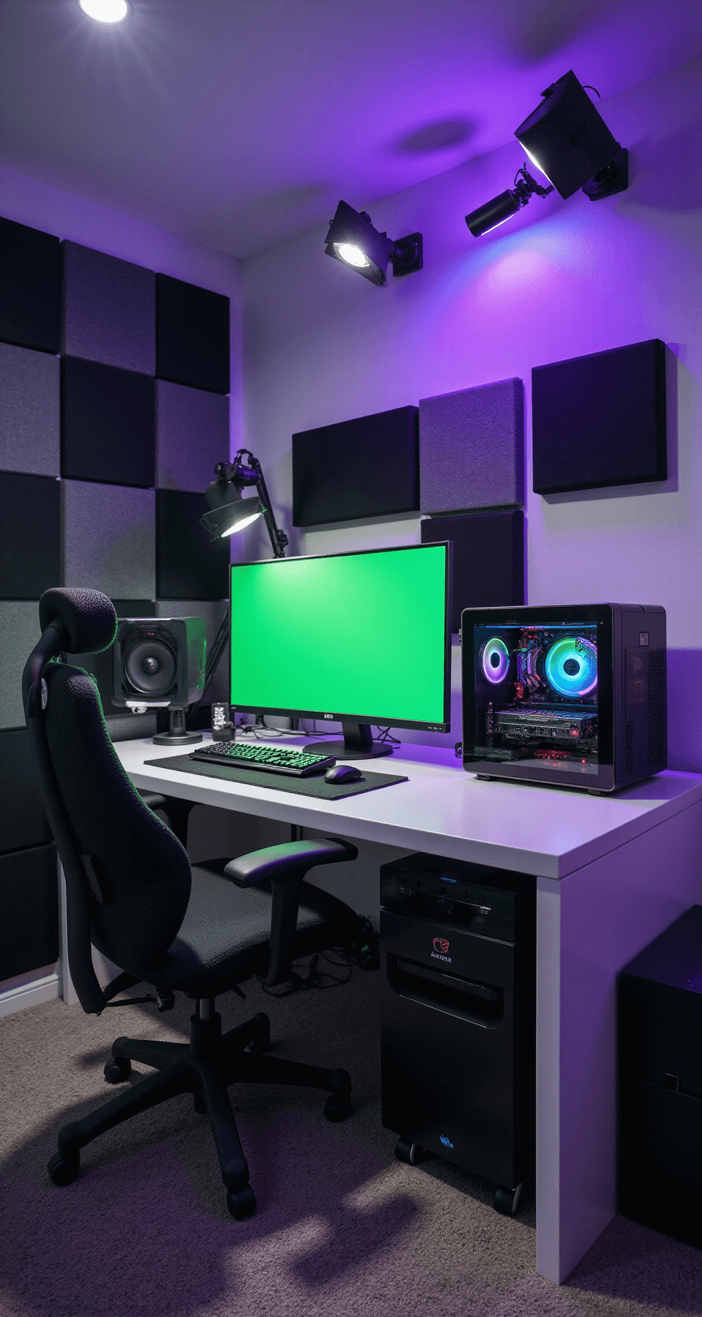 A high-angle view of a professional streaming setup in a well-lit 18x20ft room featuring a gaming station with studio lighting, sound-dampening geometric wall panels, a multi-camera setup on articulating arms, a smoothly lit green screen wall, a custom PC with RGB lighting, and a white lacquered desk with concealed cable management.