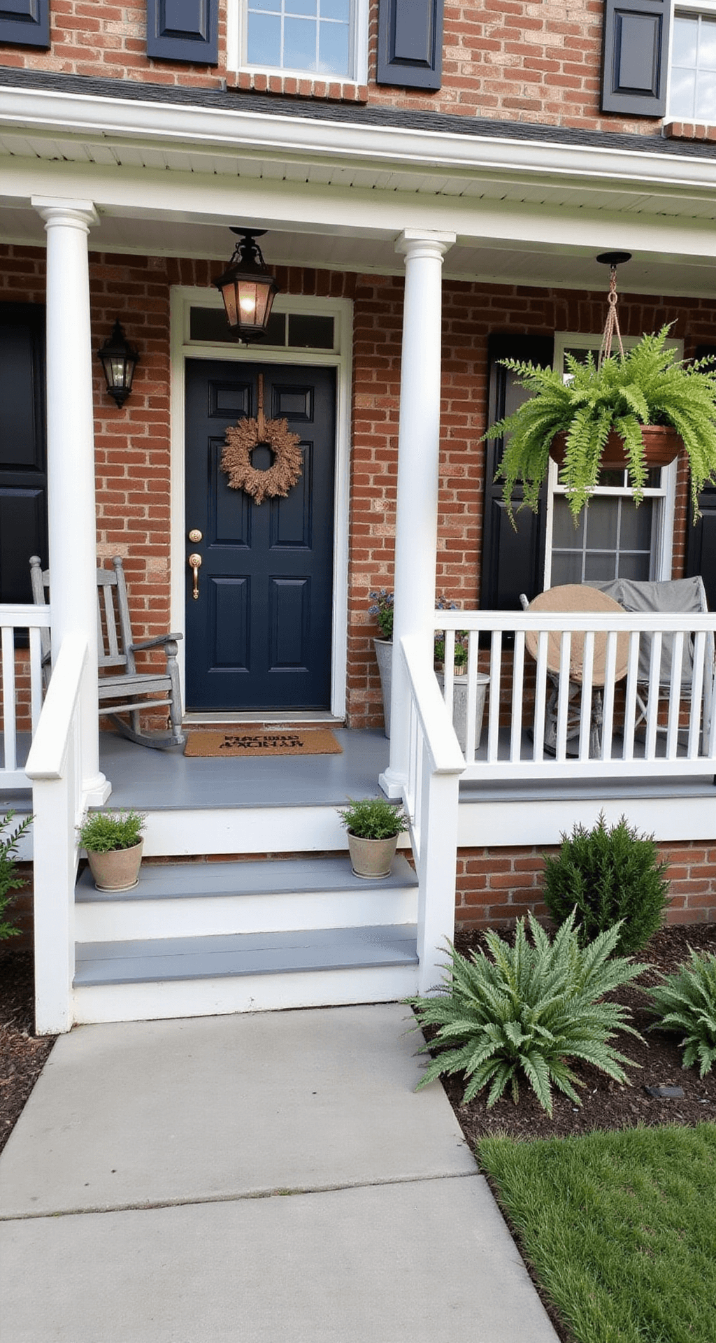 A charming front porch of a classic Bloxburg one-story home featuring a covered porch with white railings, rocking chairs, potted ferns, and a navy blue door, all bathed in warm morning light.