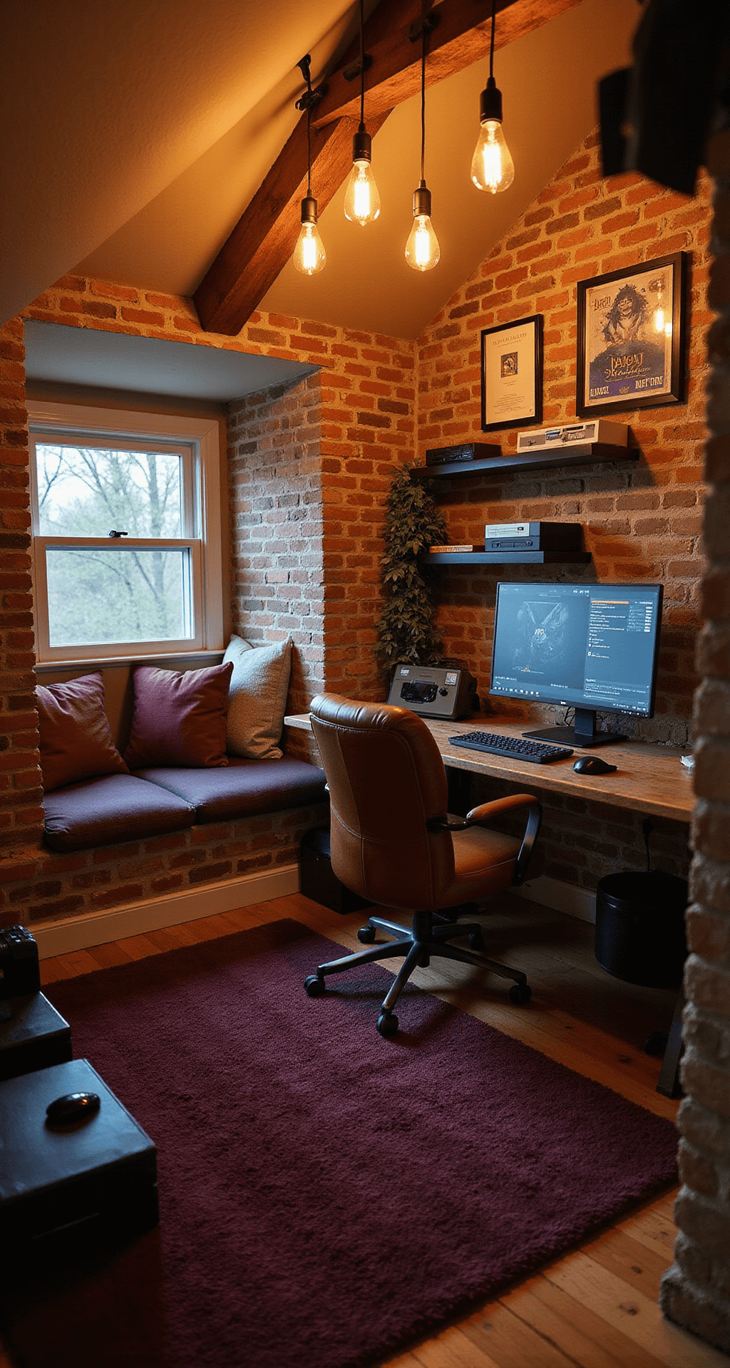 A cozy attic gaming nook with slanted ceilings, featuring a rustic wooden desk and an ultra-wide monitor, a vintage leather chair, exposed brick walls with game posters, a plush burgundy rug, and a window seat filled with cushions, all illuminated by warm Edison bulbs.