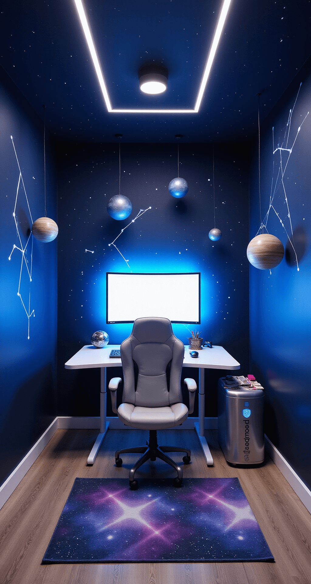 A futuristic gaming room with a cosmic theme featuring deep navy walls adorned with glow-in-the-dark stars, a sleek white gaming desk with a curved monitor, a space capsule-style chair, suspended planet models, LED constellation accents, a nebula-patterned rug, and a rocket-shaped mini-fridge, all captured in an overhead shot with black light and white LED lighting.