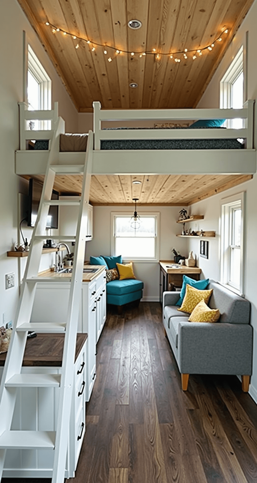 A cozy 5x5 Bloxburg tiny house interior viewed from a high corner angle, featuring a lofted bed over a mini kitchen with white cabinets, a small wooden dining table, and a multifunctional living area with a loveseat and wall-mounted TV. Soft afternoon light fills the space, highlighting clever storage solutions and decor in light neutrals with teal and yellow accents, while a string of fairy lights adorns the sleeping loft.