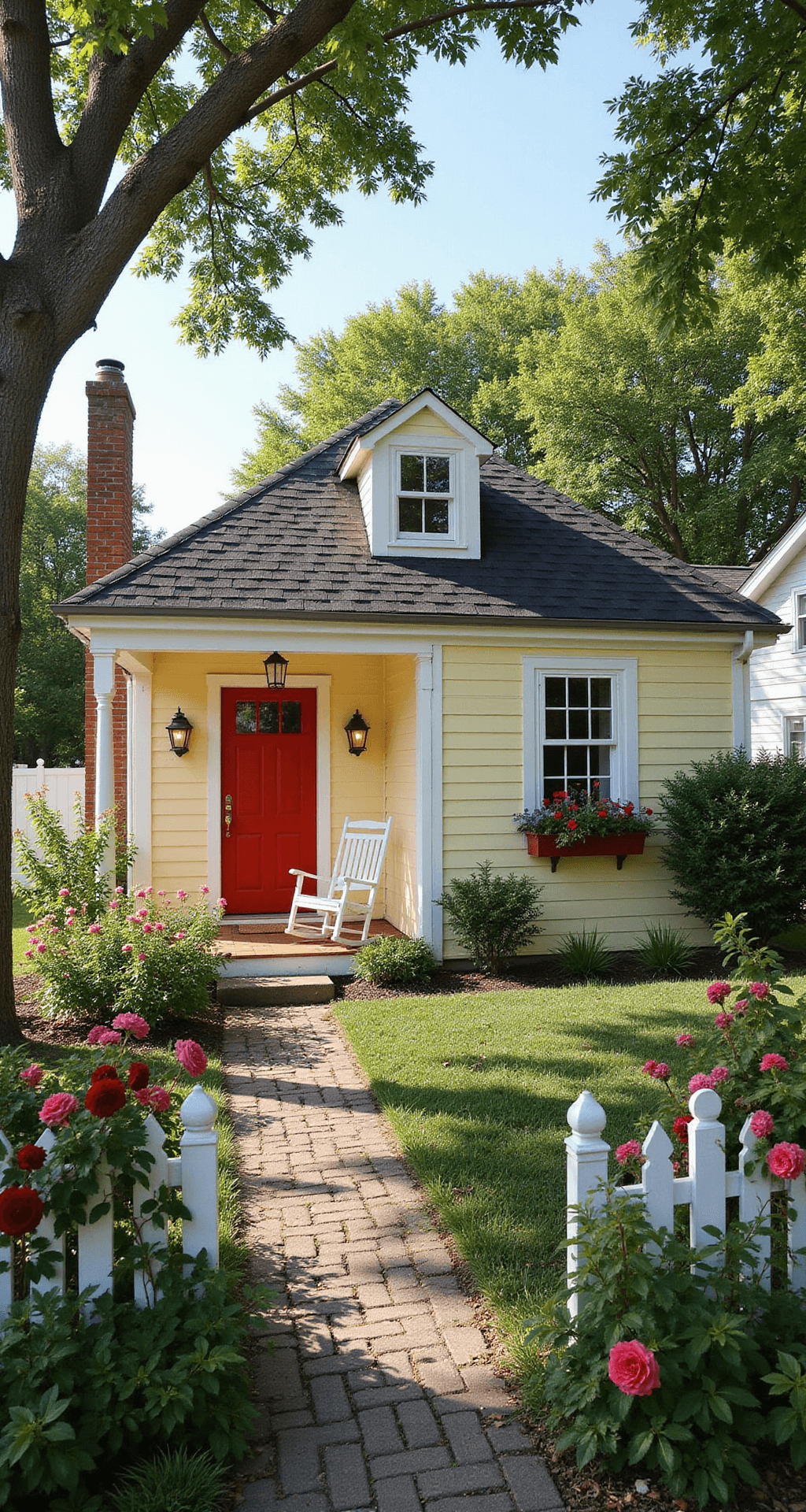 A charming Bloxburg cottage with a steep pitched roof, white trim, and a bright red front door, surrounded by a lush garden and climbing roses, shot from a low angle.
