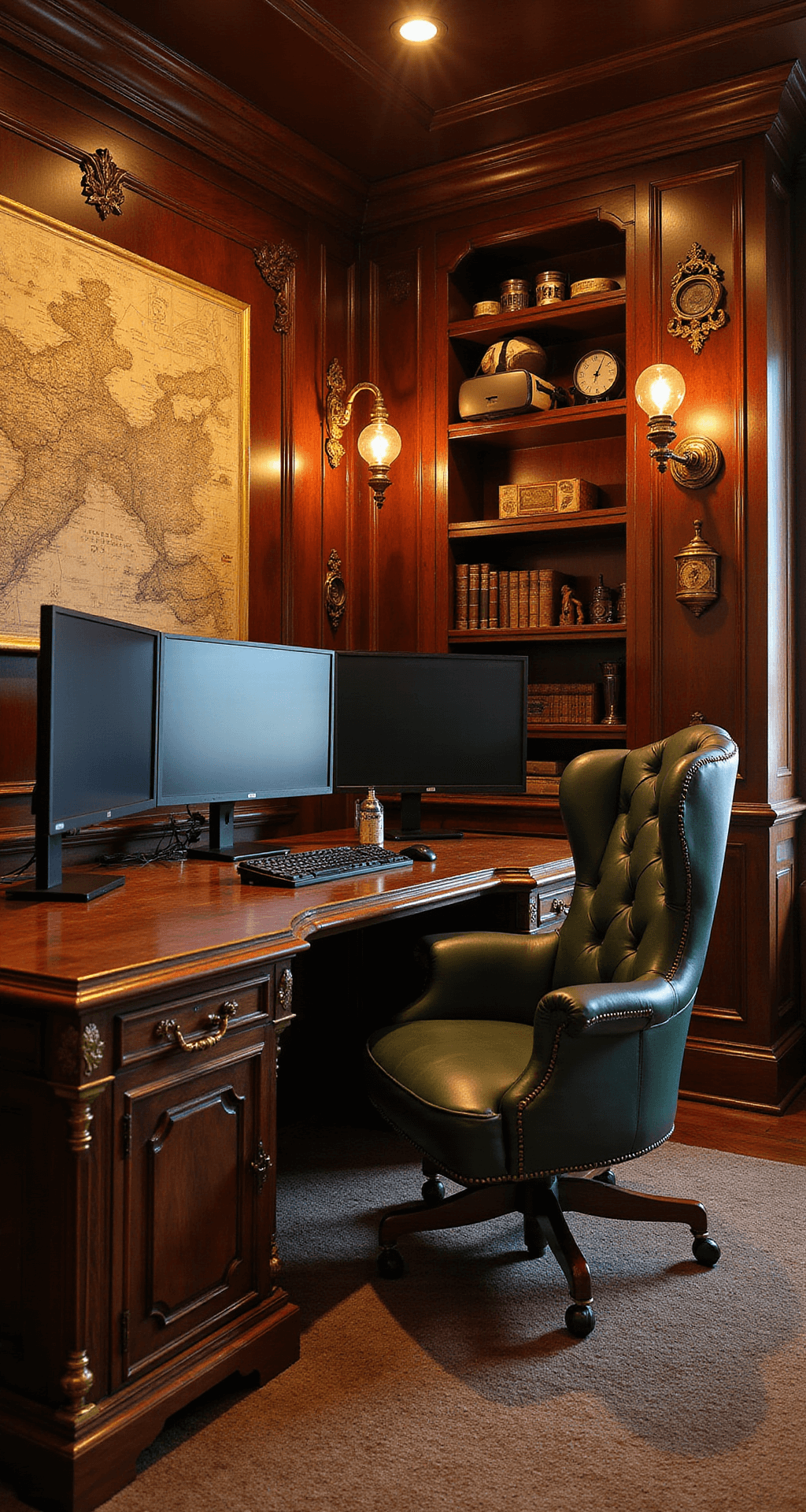 A luxurious steampunk gaming room with rich mahogany paneling, brass fixtures, and a large ornate desk with triple monitors. The Victorian wingback gaming chair in deep green leather is surrounded by vintage maps and sextants. A hidden door in the bookcase leads to a compact VR play space, while warm light from Edison bulbs creates an elegant, immersive atmosphere.
