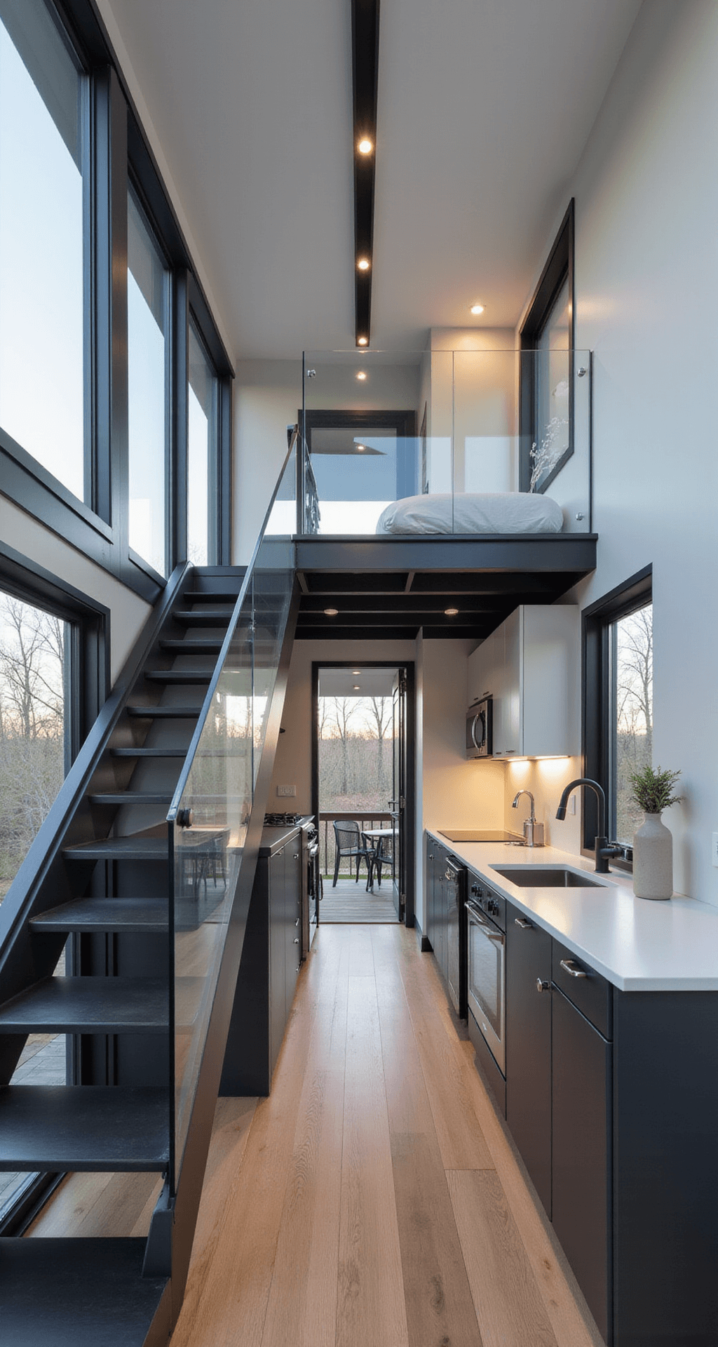 A modern Bloxburg tiny home interior with an open concept, featuring floor-to-ceiling windows, a minimalist design in whites and grays, a floating glass-railed staircase, and a sleek kitchen with handleless cabinets and a waterfall countertop island.