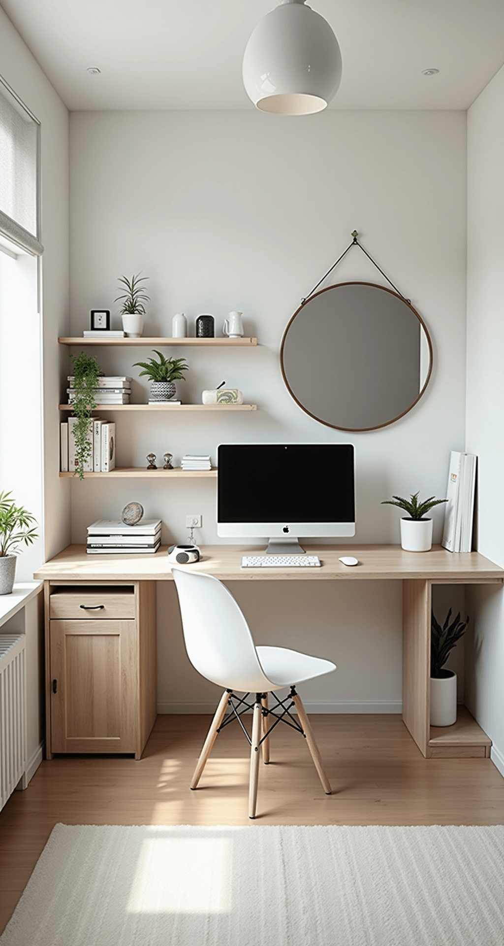 A bright Scandinavian-inspired gaming room with white walls, light wood floors, a pale ash wood floating desk, a sculptural gaming chair, geometric shelving, and potted plants, captured from a high angle to highlight the room's openness and clean lines, illuminated by natural light and minimalist pendant lamps.