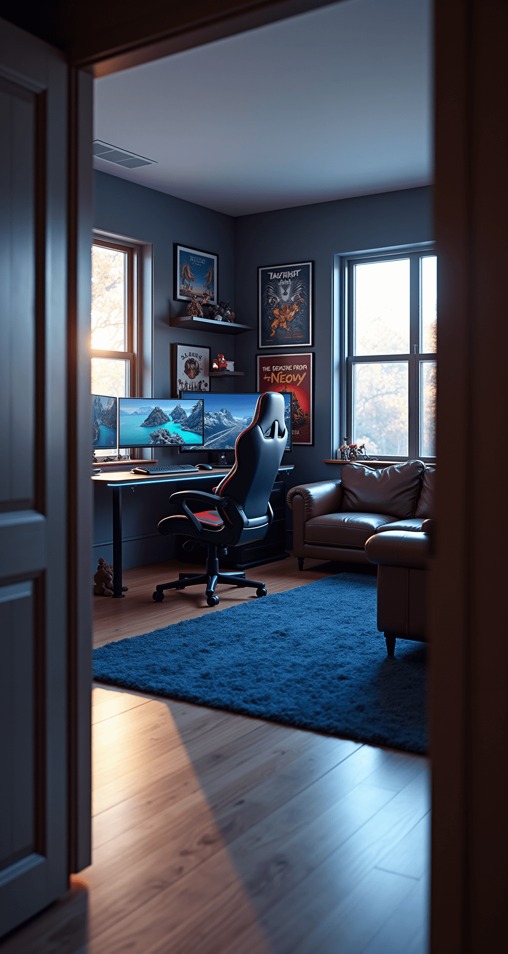 A modern gaming room with a spacious layout featuring an L-shaped desk with triple monitors, high-end gaming PC, and RGB lighting. Dark gray walls decorated with vintage game posters, a plush blue rug, and a cozy leather couch facing a 4K TV. Soft afternoon sunlight streams through large windows, blending with the colorful ambient glow.