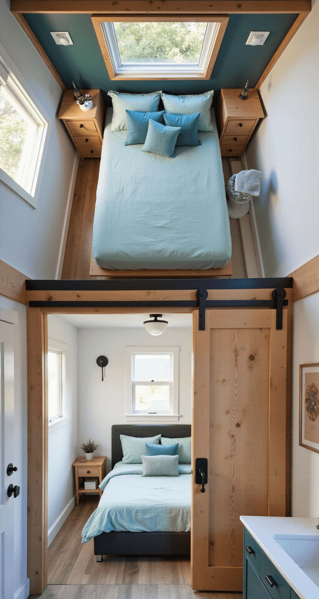 An overhead view of a Bloxburg tiny home featuring an efficient bedroom with a built-in platform bed, narrow nightstands, and a compact workspace in natural light. The adjoining bathroom includes a corner shower, wall-mounted toilet, and floating vanity, separated by a rustic sliding barn door, all in a calming palette of blues and greens with warm wood accents.