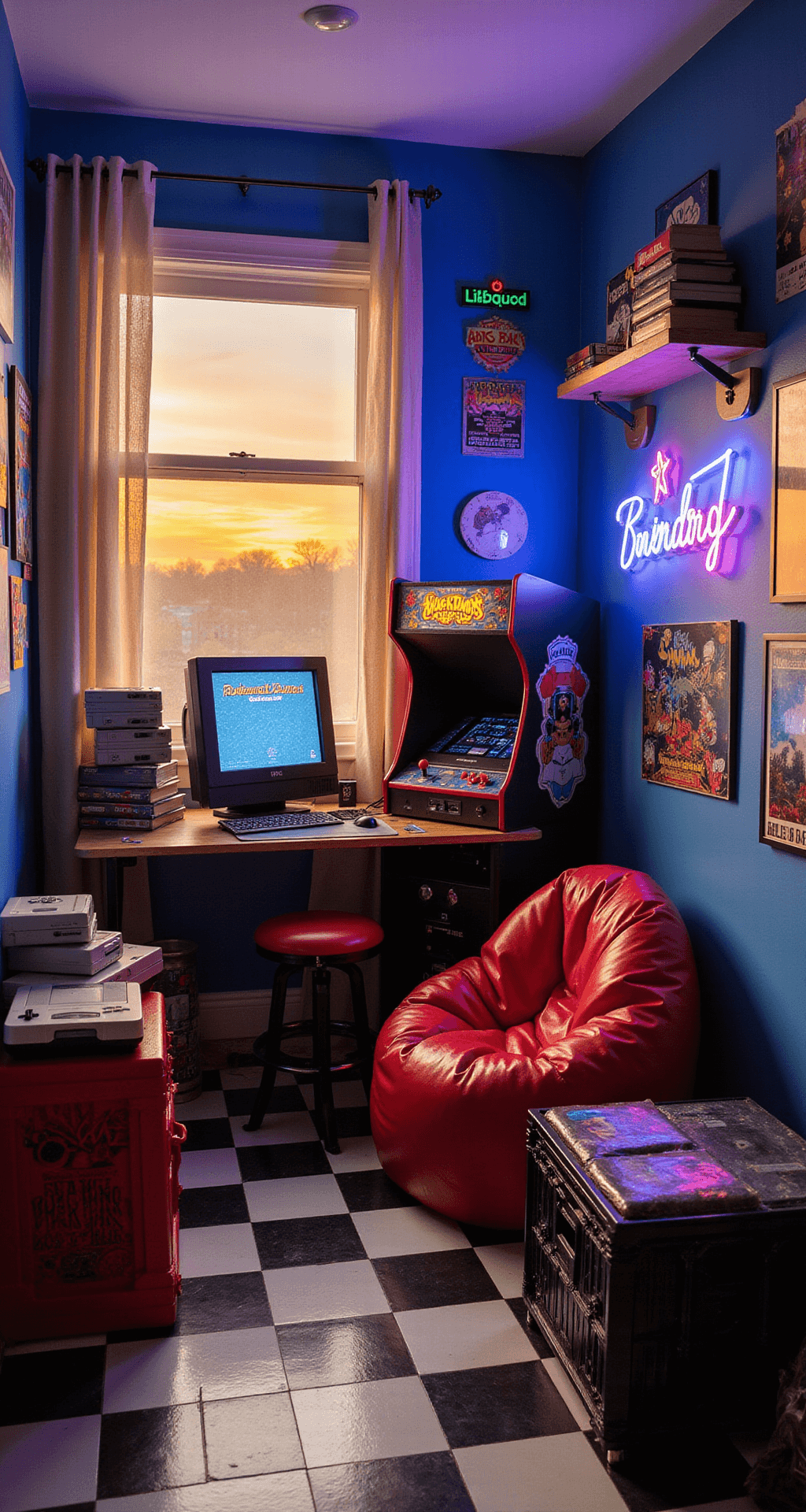 A cozy retro arcade corner in an 8x10 foot bedroom, featuring a CRT TV, classic consoles, a bright red bean bag chair, and vibrant blue walls adorned with arcade posters and neon signs, all illuminated by warm sunset light.