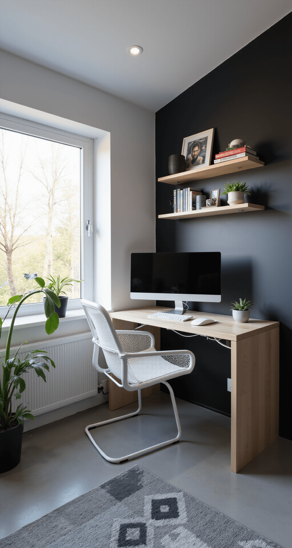 A stylish minimalist gaming room with a floating light wood desk, ultrawide monitor, and sleek gaming laptop, set against crisp white and matte black walls. The space features polished concrete flooring, a geometric gray rug, a potted plant, and curated floating shelves. Soft morning light and hidden LED strips illuminate the organized setup from a high corner angle, creating a serene atmosphere.