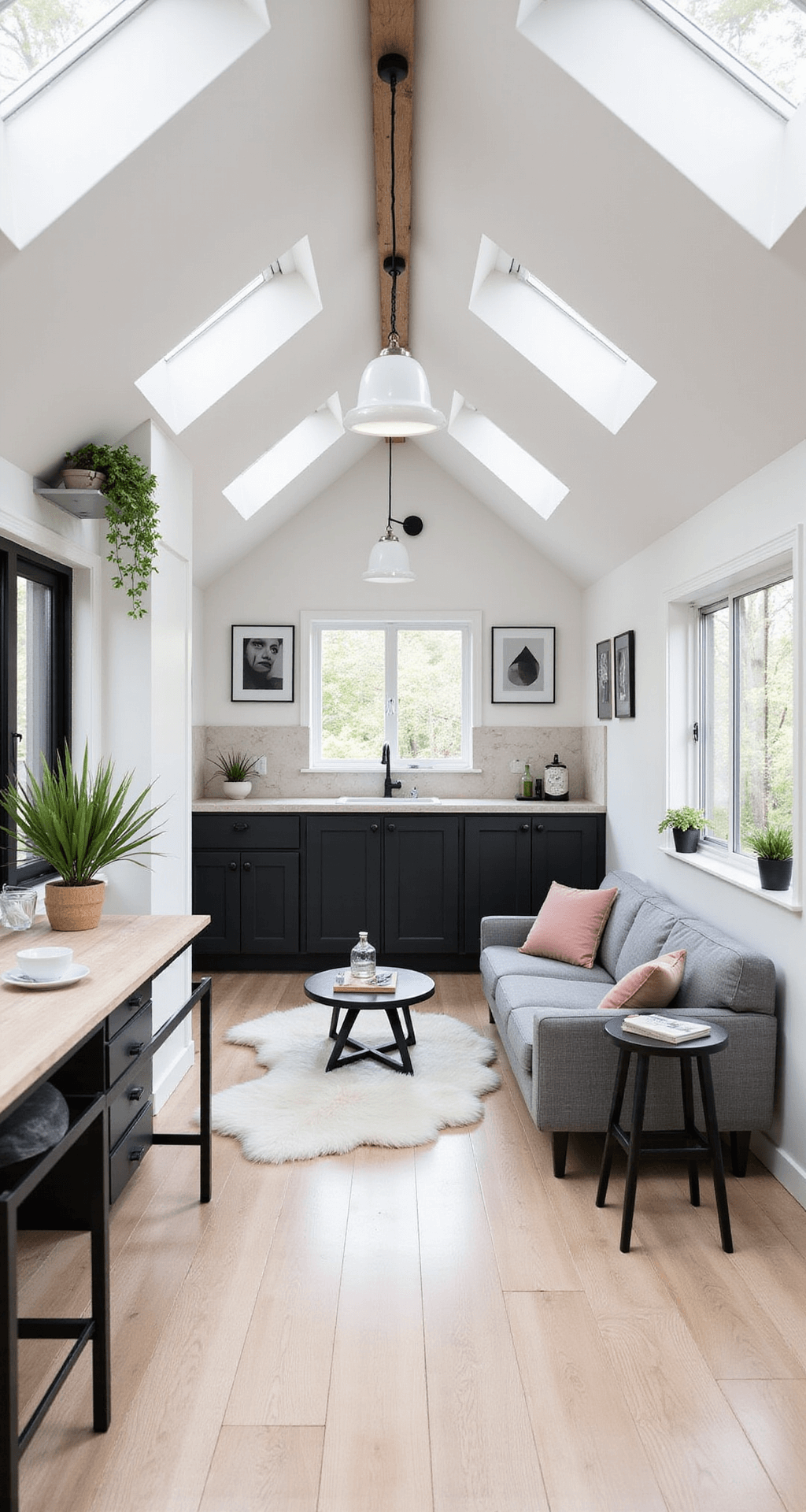 A Scandinavian-inspired tiny home interior featuring white walls, light wood floors, and skylights. A gray modular sofa, round black coffee table, and white faux fur rug create a compact living area. The kitchenette has black cabinets and a pale marble backsplash, complemented by minimalist decor and pops of muted pink and green.
