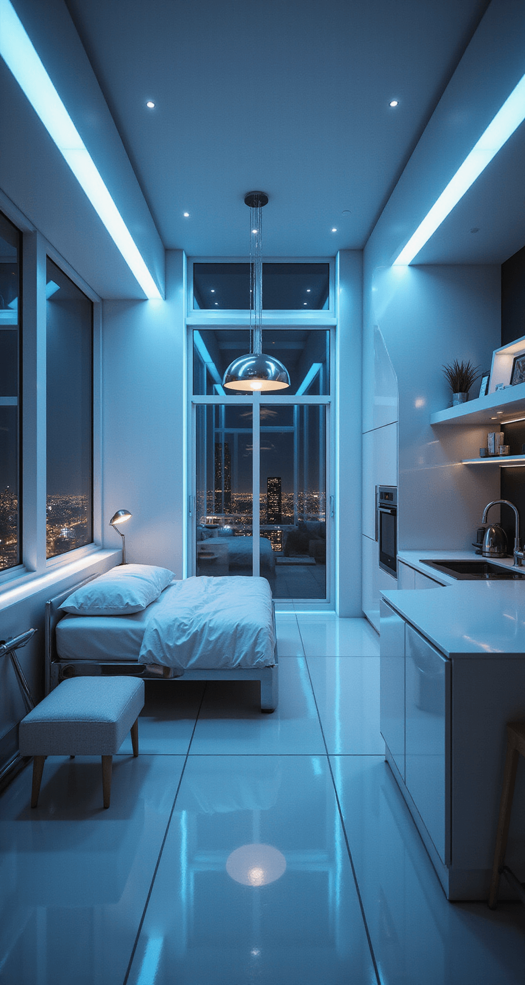 A futuristic micro-apartment interior with transformable furniture, smart home technology, and glossy white cabinets, highlighted by blue LED accent lighting and city lights visible through large windows at night.