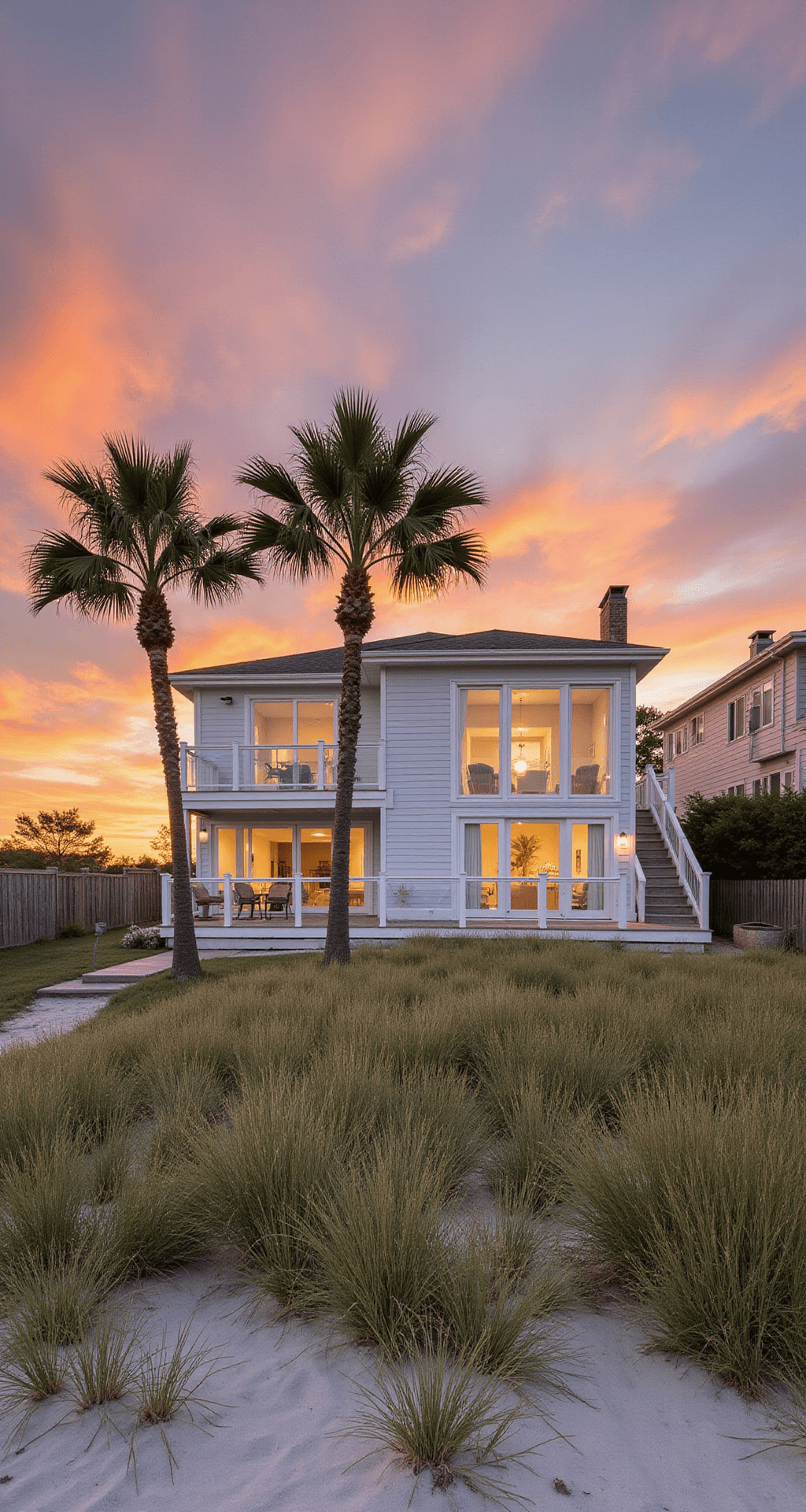 Wide-angle view of a coastal modern home at sunset, featuring white-washed wooden siding with pale blue accents, a wraparound deck with glass railings, and swaying palm trees in the foreground, reflecting the orange sky in large sliding glass doors, captured from a lower beach angle with natural beach grasses and white sand in the foreground under golden hour lighting.