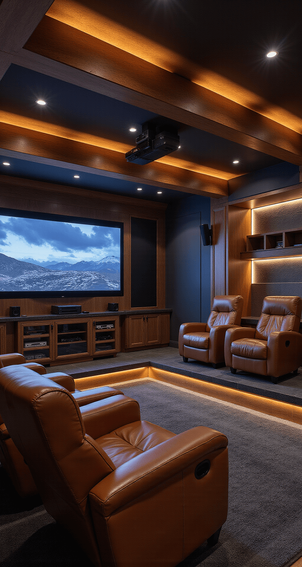 Ground-level view of a luxurious gaming lounge featuring tiered platforms with premium cognac brown leather chairs, an exposed wooden beam ceiling with LED lighting, and a custom entertainment center. The evening ambiance is enhanced by programmable lighting and a plush charcoal area rug.