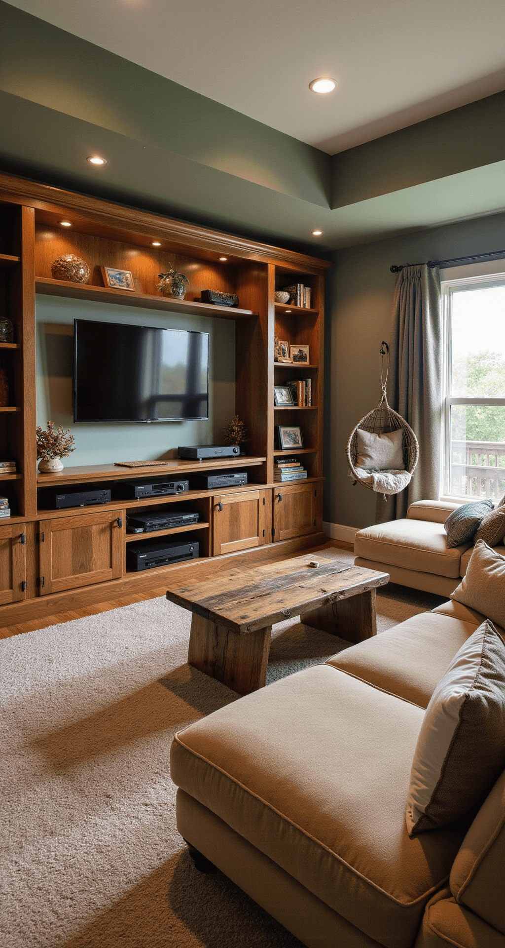 A cozy family gaming room featuring a sectional sofa, wall-mounted TV, wooden console for gaming systems, built-in bookcases, and a reading nook with a hanging chair, all illuminated by warm afternoon light.