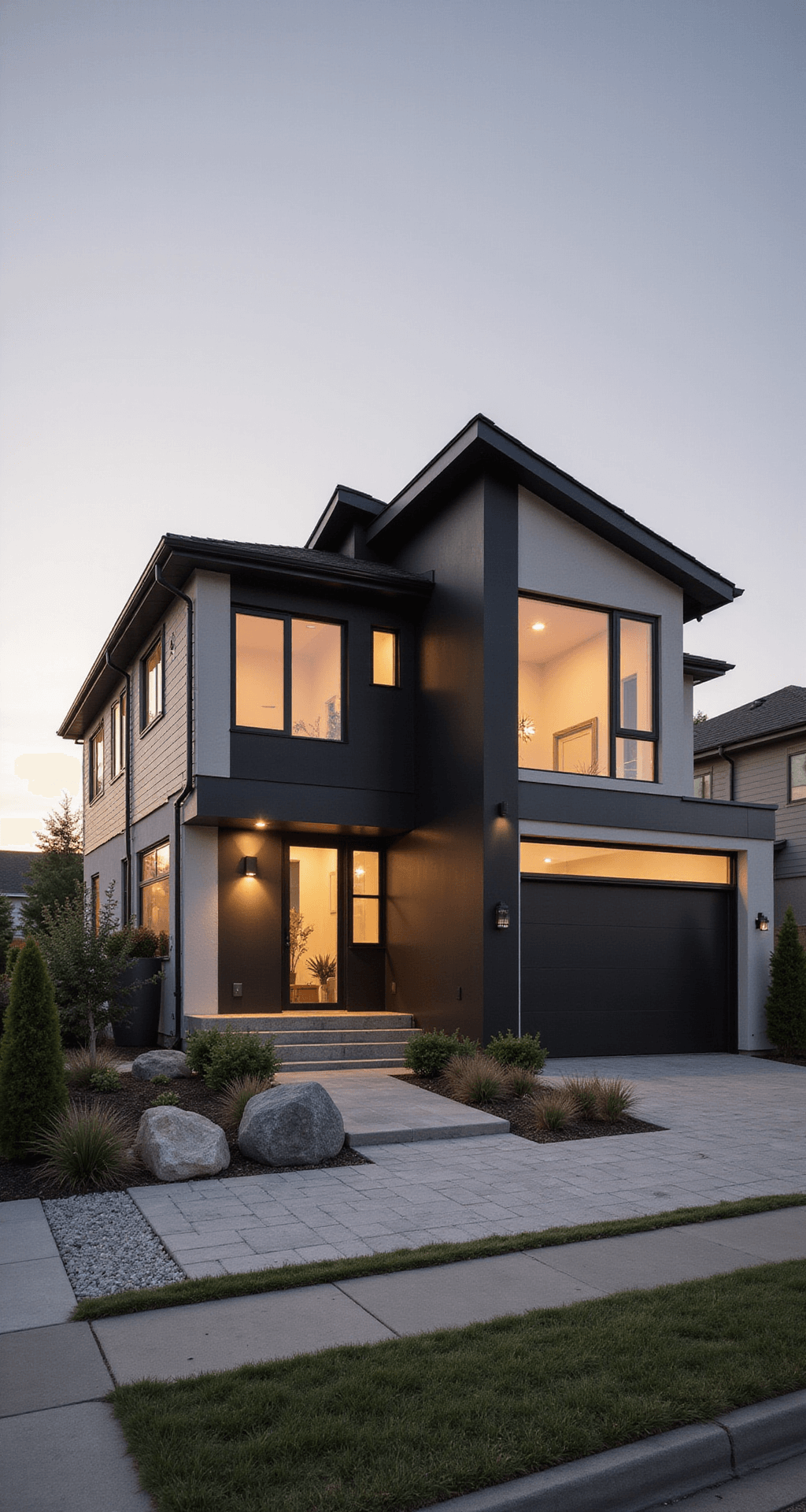 A modern two-story Bloxburg house with clean lines and flat roofs, featuring floor-to-ceiling windows reflecting golden hour light. A striking black accent wall contrasts with light gray siding, while minimalist landscaping includes geometric planters and a zen rock garden. Captured from a low angle against a gradient sky, the soft lighting highlights the architectural details.