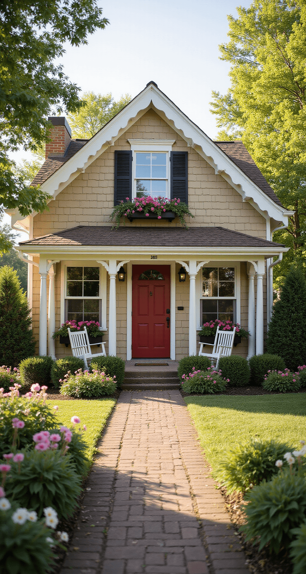 A charming single-story cottage-style home in Bloxburg with a steep gabled roof, warm beige siding, white trim, and flower boxes. A cobblestone path leads to a red front door, flanked by rocking chairs, surrounded by colorful perennials in lush gardens, all bathed in soft morning light.