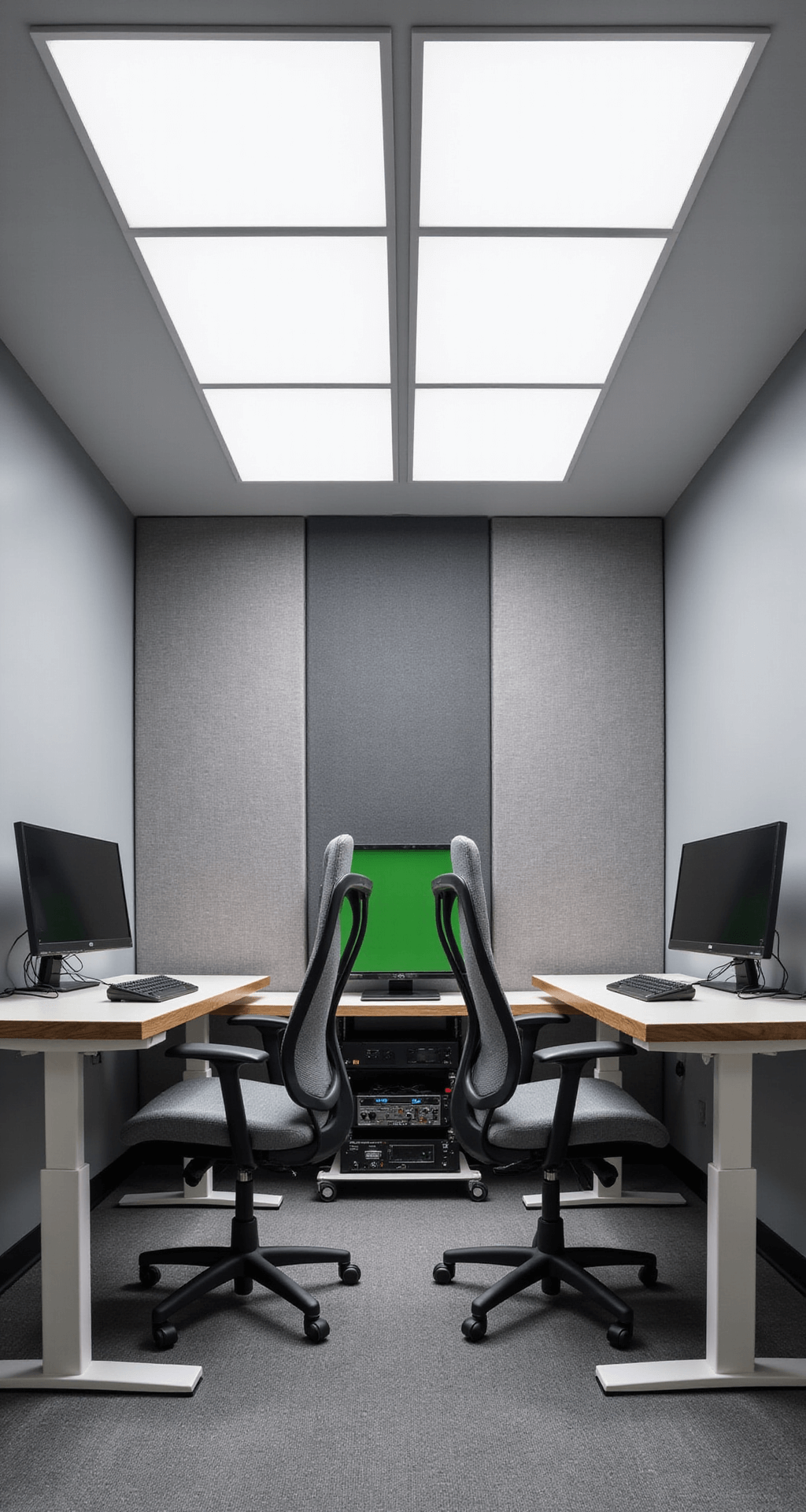 A dual gaming setup in a 10x12 foot room featuring two identical white and walnut desks, ergonomic gray mesh chairs, LED panel lighting, light gray walls, and a hexagonal sound-absorbing accent wall, with a shared equipment rack and retractable green screen.