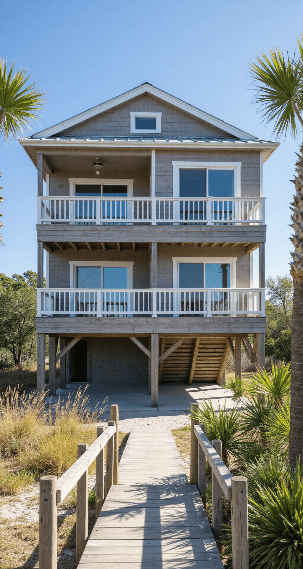 A two-story beach house in Bloxburg with weathered gray wood siding and a metal roof, featuring a wraparound porch with white railings. Large sliding glass doors open to the porch, surrounded by swaying palm trees and ornamental grasses, with a boardwalk leading to a small private beach. The image is captured from a slightly elevated angle, showcasing the home's coastal integration.