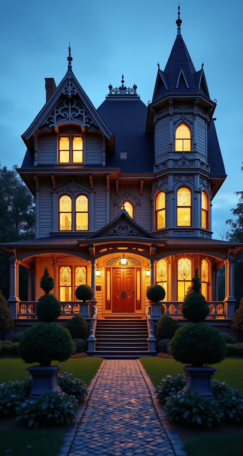 An ornate Victorian-style mansion in Bloxburg at twilight, featuring intricate gingerbread trim, a multi-gabled roof, and a turret with a conical roof. Rich jewel-toned paint highlights the architecture, with a grand bay window and stained glass reflecting the sunset. Manicured topiaries and a carved stone fountain are in the foreground, illuminated by low-angle lighting against a deep blue sky.