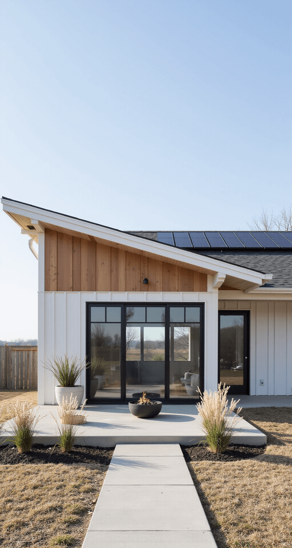 A Scandinavian-inspired single-story home with large windows, light wood and white siding, and a slanted roof with solar panels, set on a clear day. The entrance features a concrete path and minimalist planters, while a cozy outdoor seating area with a fire pit invites relaxation.