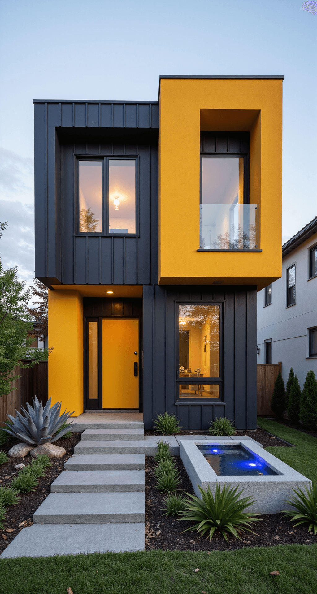 A contemporary two-story Bloxburg home exterior with a vibrant yellow accent wall and deep charcoal siding, featuring an asymmetrical roofline, oversized geometric windows, sculptural succulents, and a colorful water feature, captured in midday light.