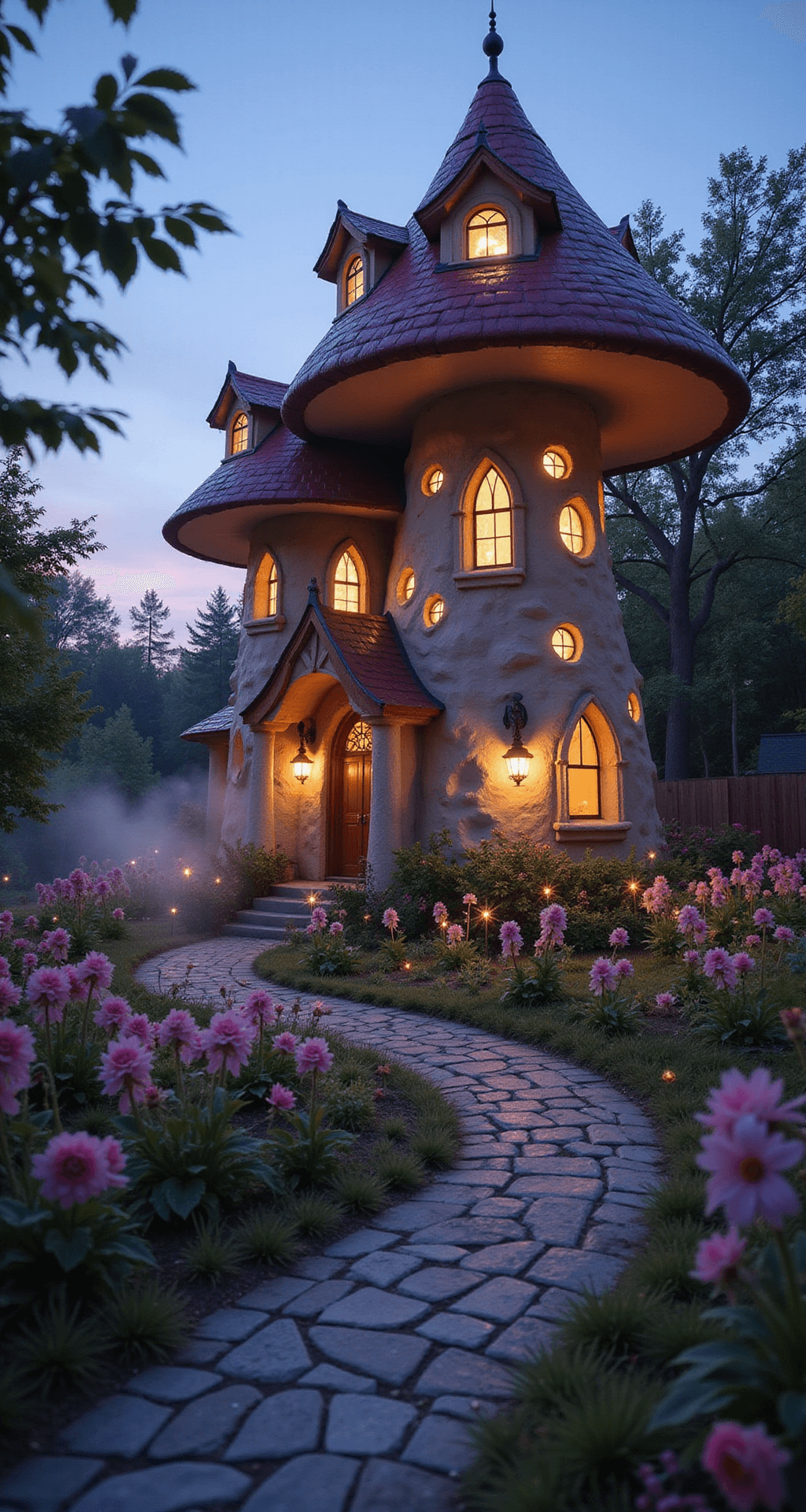 A whimsical mushroom house at dusk with a rounded cap roof and glowing windows, surrounded by a magical garden of oversized flowers and twinkling fairy lights, viewed from a low, tilted angle.