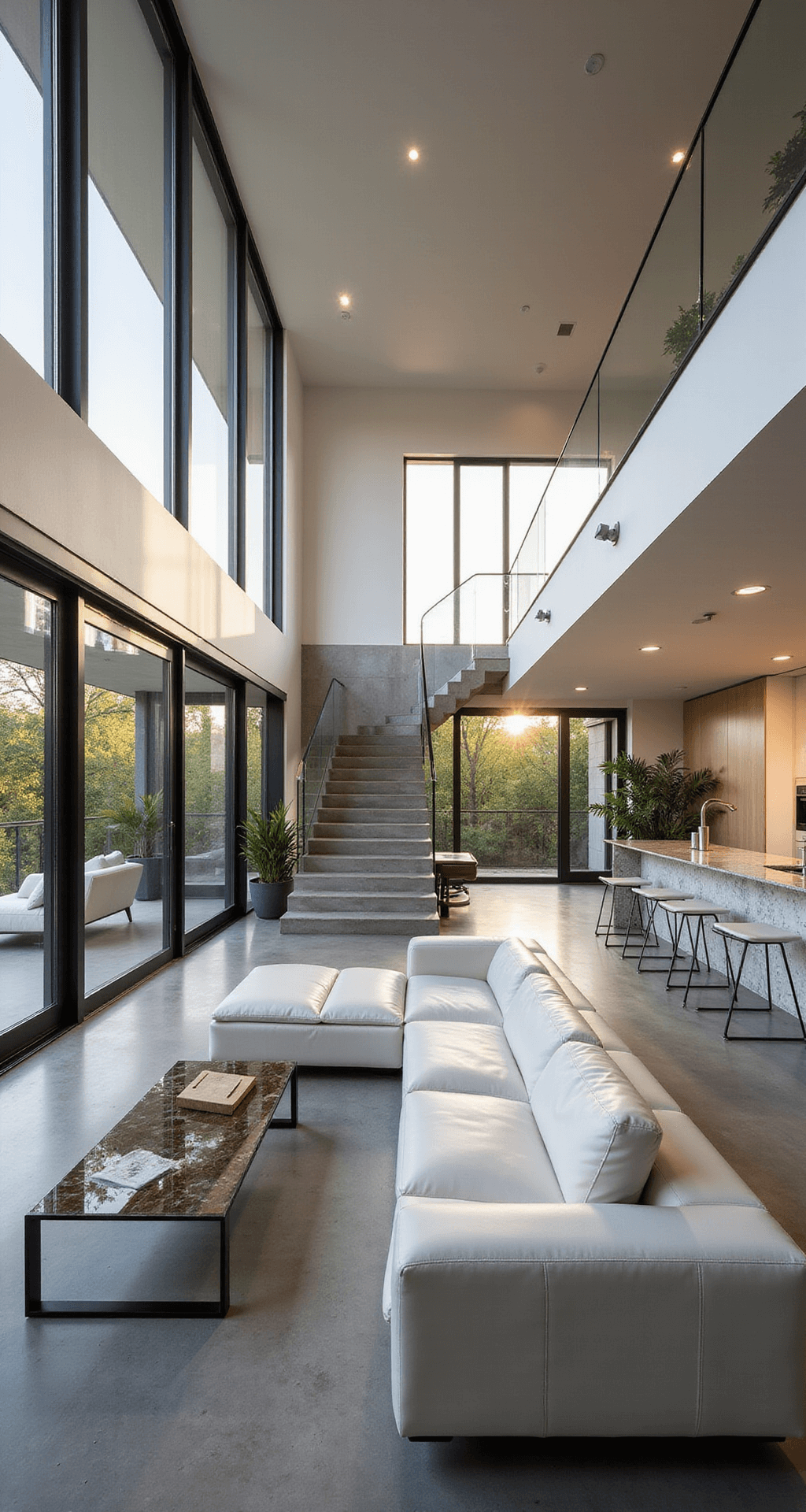 Modern Bloxburg House Ideas: Sleek, Stylish, and Budget-Friendly Designs for 2025 A modern open-concept living area in a mansion, featuring a sleek white leather sectional, glass coffee table, and mounted TV, illuminated by late afternoon sunlight through floor-to-ceiling windows. A floating staircase and a marble kitchen island with minimalist bar stools complement the polished concrete floors and potted plants, all in a white, gray, and black color palette.