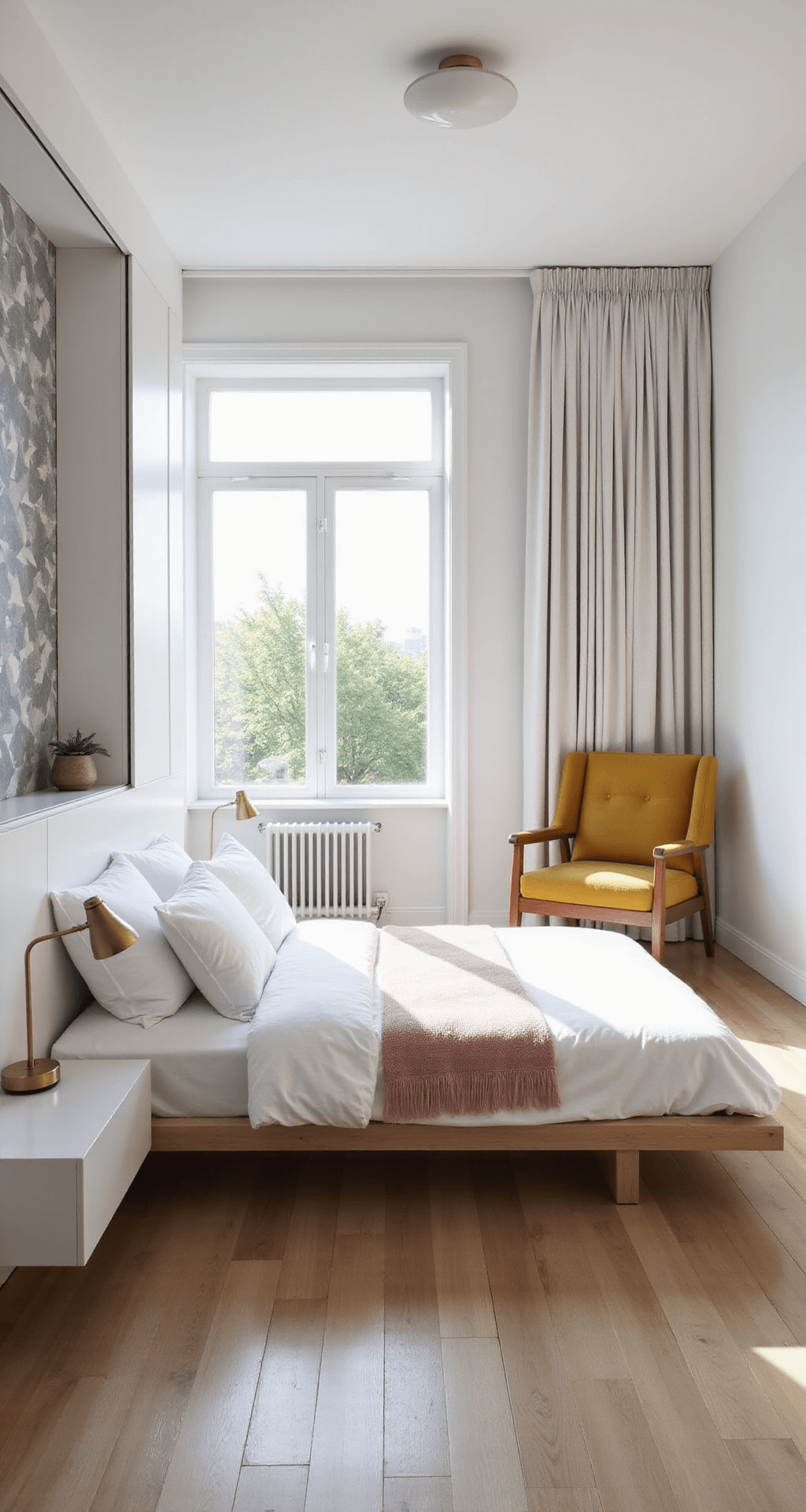 Modern Bloxburg House Ideas: Sleek, Stylish, and Budget-Friendly Designs for 2025 A modern 12x10ft bedroom with white walls, light oak flooring, and a low-profile platform bed adorned with white linens and a pale pink throw, illuminated by morning light. Geometric wallpaper in soft grays on the feature wall, built-in floating nightstands with minimalist brass lamps, a sleek wardrobe with mirrored sliding doors, and a cozy reading nook with a mustard yellow armchair. The overall color palette is neutral with pastel accents.