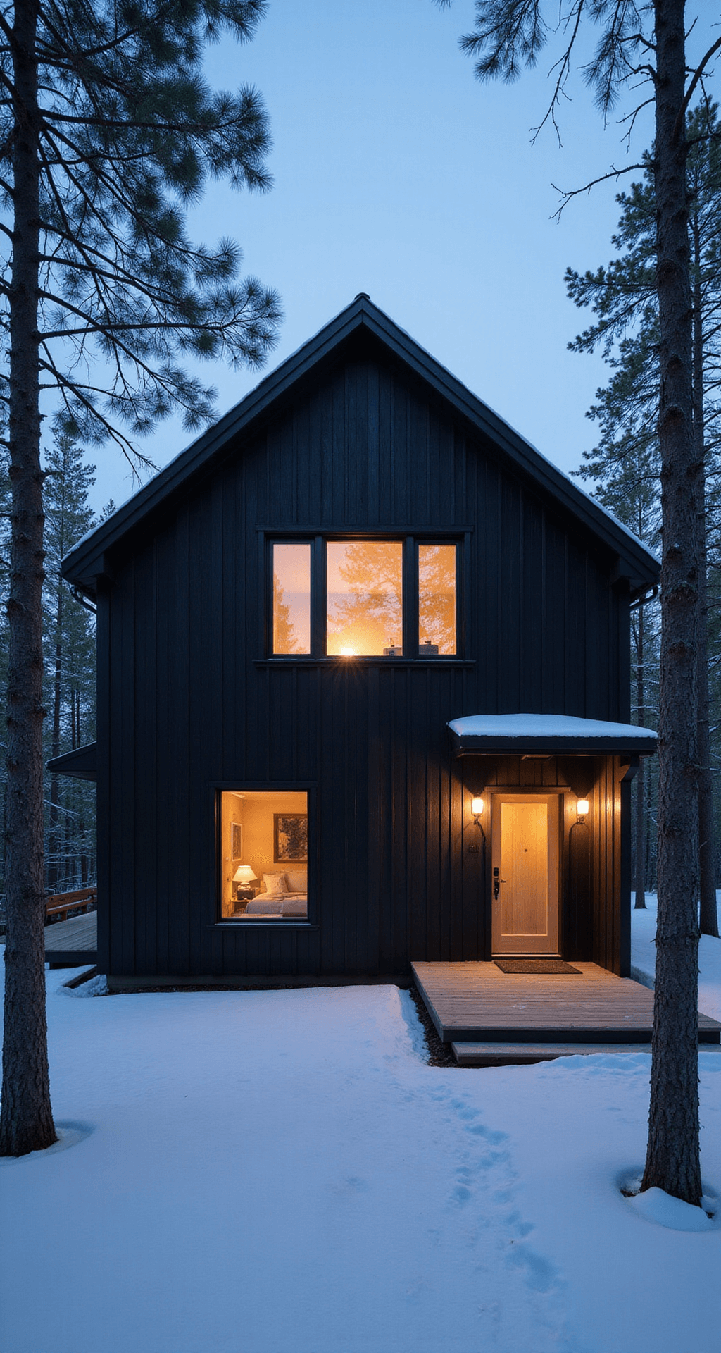 Minimalist Scandinavian forest cabin with black-stained timber cladding, warm interior lighting visible through geometric windows, surrounded by snow-dusted pine trees, captured during blue hour.
