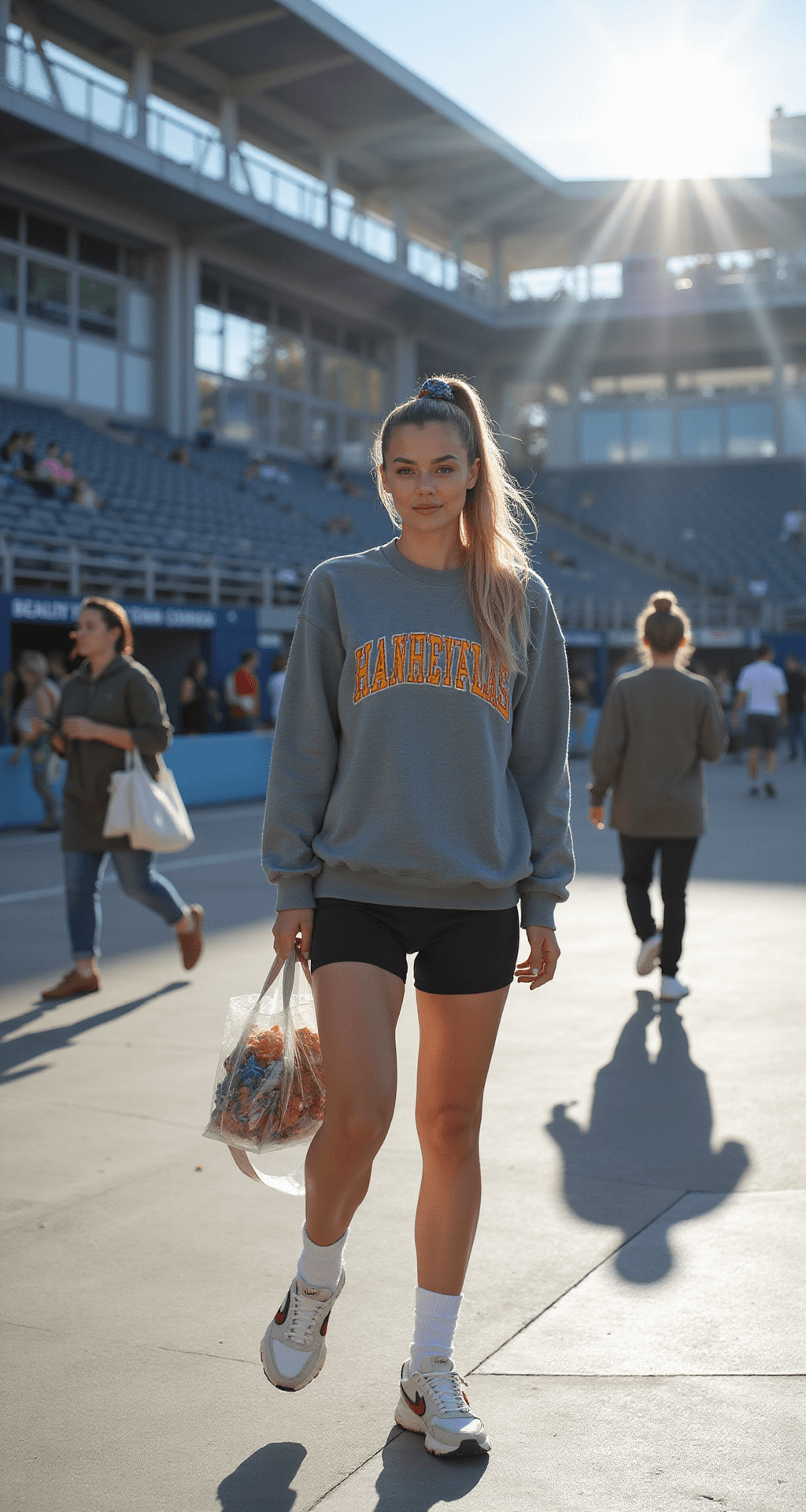 Game Day Glam: Stylish Football Game Outfits A person in motion wearing an oversized vintage-wash team sweatshirt styled as a dress with black bike shorts, accessorized with white tube socks and chunky sneakers, carries a clear stadium-approved tote. Their hair is pulled back in a sleek high ponytail with a scrunchie in team colors, all captured in a bright midday stadium concourse from a low angle.