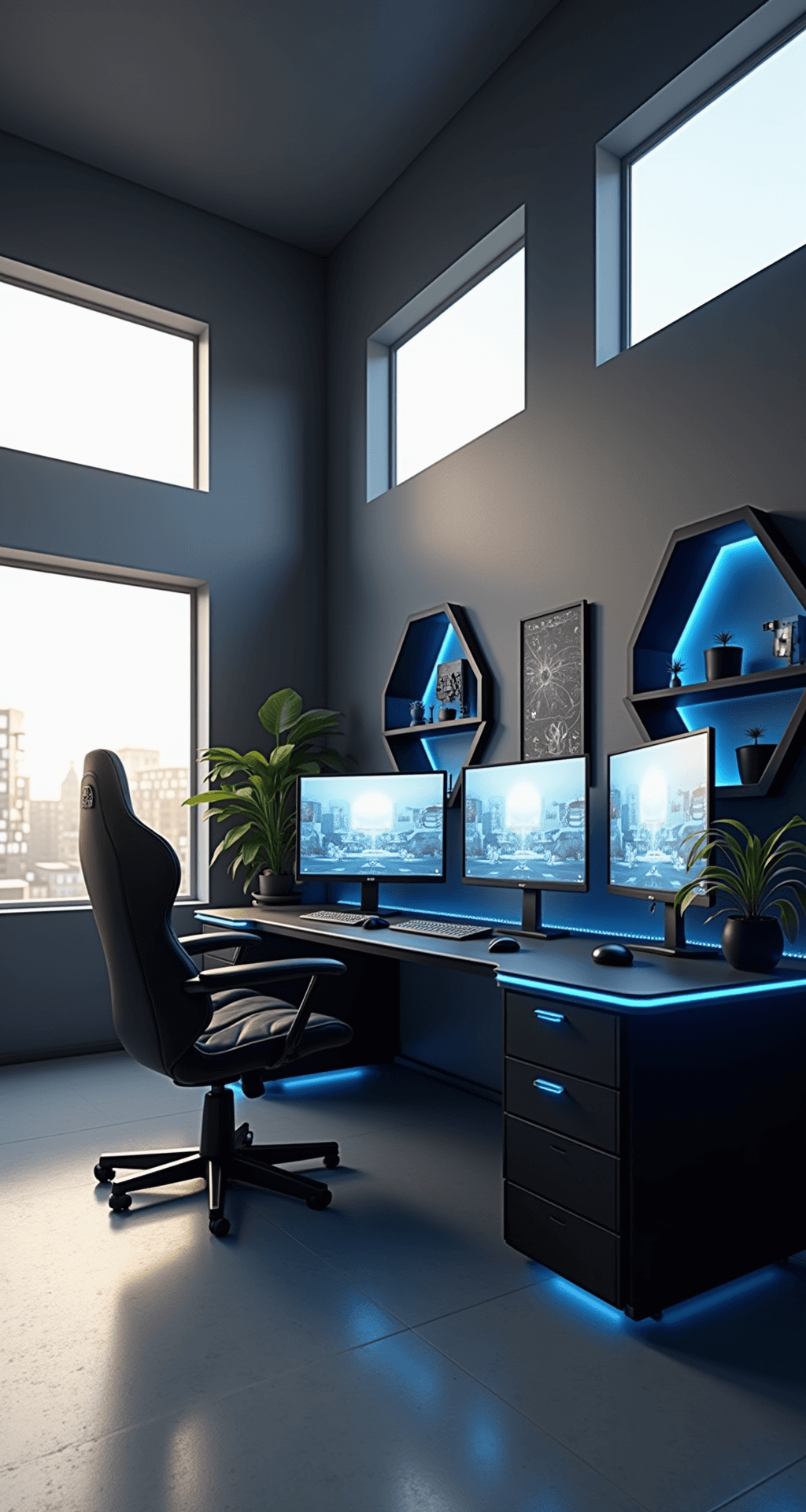 A spacious gray gaming room with high ceilings and large windows, featuring a sleek black curved desk with three ultra-wide monitors, floating hexagonal shelves with collectibles, and electric blue LED accents, alongside a plush black leather gaming chair and a pixelated abstract artwork on the wall.