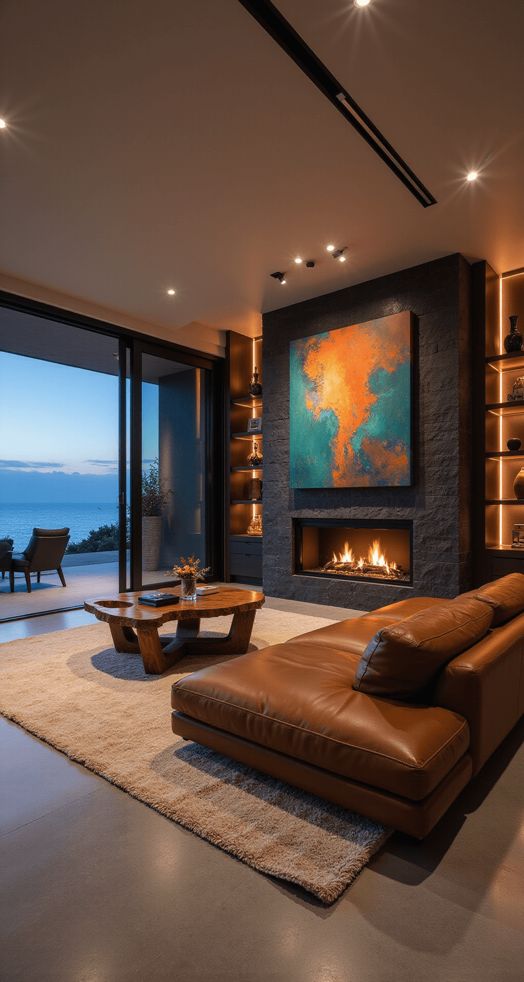 Modern Bloxburg House Ideas: Sleek, Stylish, and Budget-Friendly Designs for 2025 Modern villa living room at twilight, featuring floor-to-ceiling sliding glass doors leading to a balcony with ocean views, a cognac leather sofa, dark stone fireplace, abstract teal and orange artwork, sculptural wooden coffee table, plush cream rug, and warm LED lighting on floating shelves.