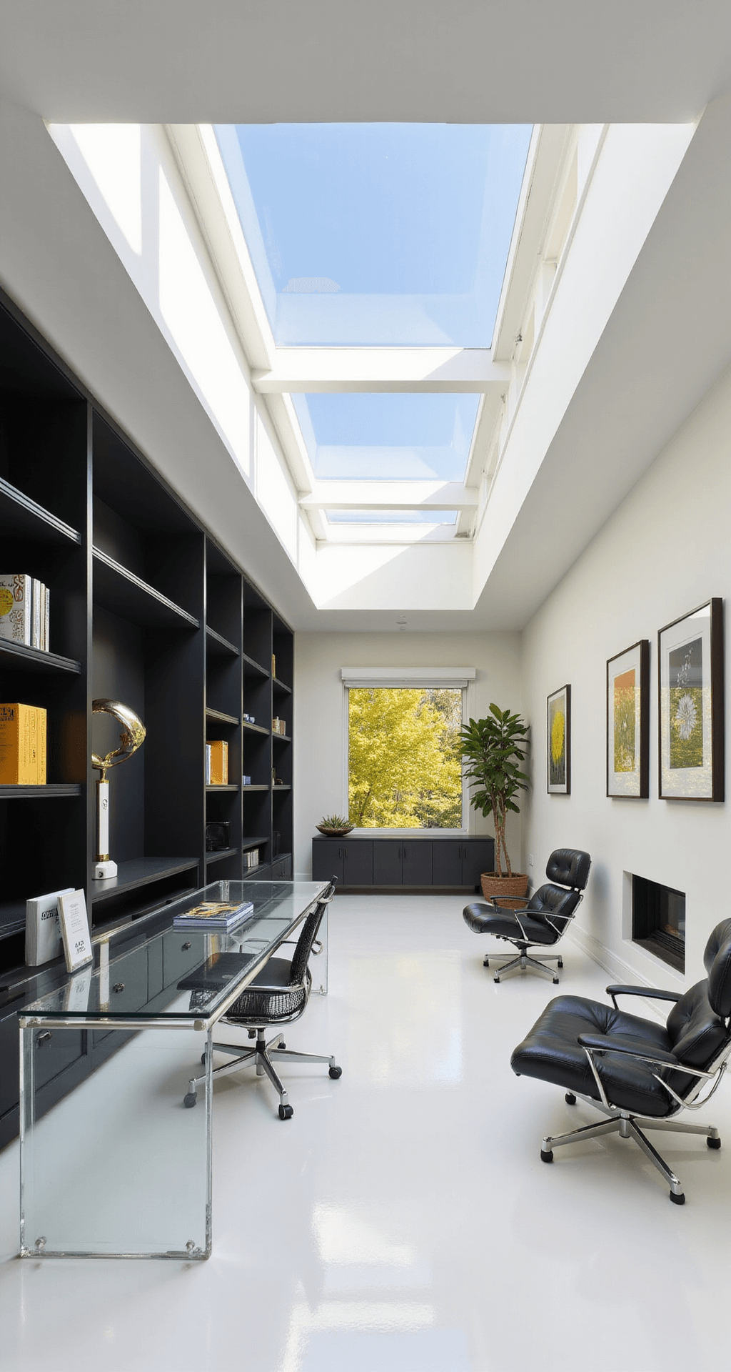 Modern Bloxburg House Ideas: Sleek, Stylish, and Budget-Friendly Designs for 2025 Ultra-modern home office with acrylic desk, ergonomic chair, floor-to-ceiling black shelving, Eames lounge chairs, and vibrant yellow accents, illuminated by a massive skylight.