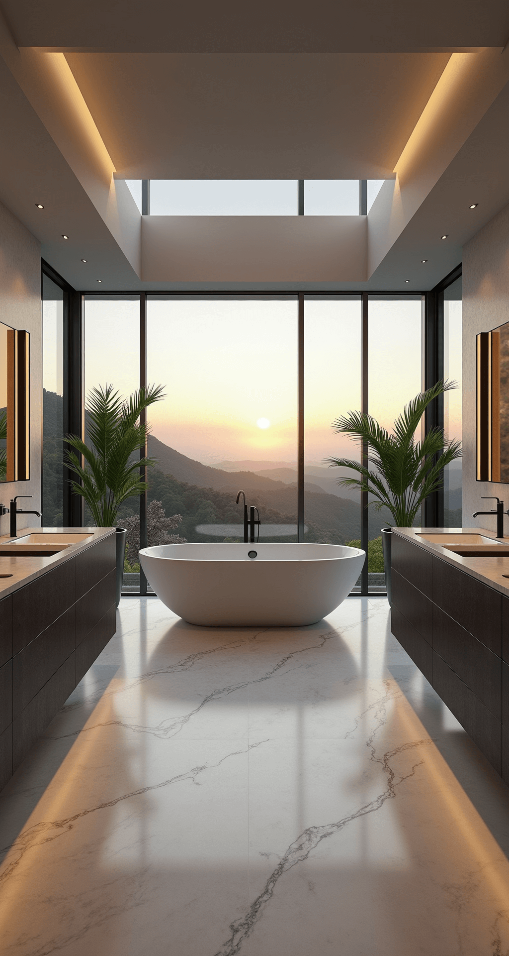Modern Bloxburg House Ideas: Sleek, Stylish, and Budget-Friendly Designs for 2025 Luxurious modern bathroom at sunrise with freestanding oval tub, floor-to-ceiling windows showcasing hillside views, dark-veined marble double vanities, and a spacious walk-in shower, accented by matte black fixtures and lush potted palms.