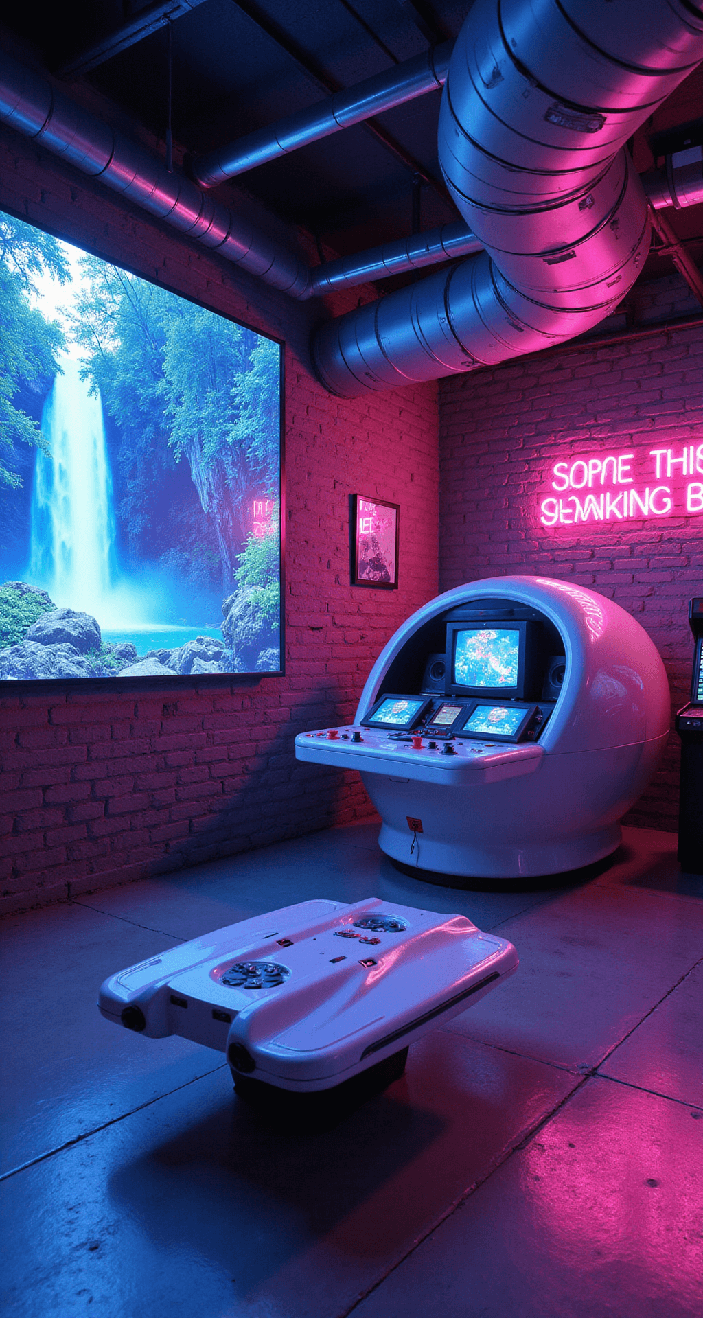 A retro-futuristic basement gaming haven featuring a large LED screen with a digital waterfall, neon signs on exposed brick walls, a central curved gaming pod with multiple screens and sound system, vintage arcade cabinets, and a hoverboard-inspired coffee table, all under dramatic neon lighting.