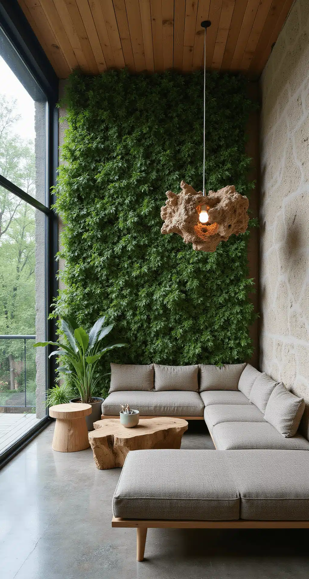 Modern Bloxburg House Ideas: Sleek, Stylish, and Budget-Friendly Designs for 2025 A bright eco-friendly living space featuring a lush living wall, minimalist modular sofa in recycled fabric, reclaimed wood coffee table, sculptural biodegradable light fixture, and exposed rammed earth wall, illuminated by natural light from large windows, with an earthy neutral and vibrant green color scheme.
