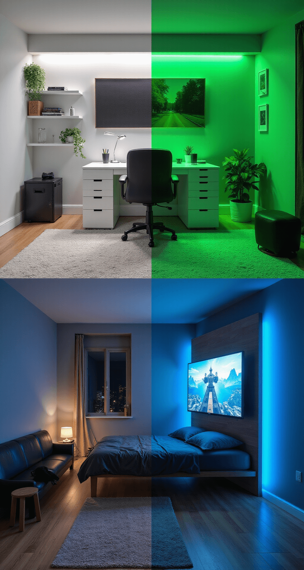 A time-lapse image of a versatile 15x15ft room showing its transformation from a minimalist home office with a sleek white desk and ergonomic chair to a vibrant gaming zone with LED lighting, a murphy bed, and a massive gaming screen, highlighting the shift from day to night with electric green and blue hues.