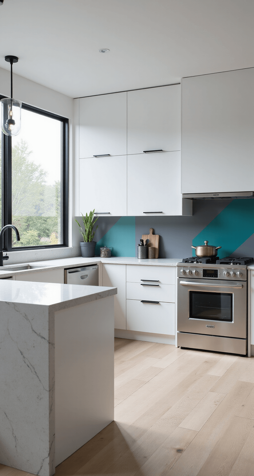 Spice Up Your Bloxburg Kitchen: Mouthwatering Design Ideas That'll Make You Wanna Cook (Even If It's Just Virtual Food) A modern kitchen featuring floor-to-ceiling windows, glossy white cabinets with matte black hardware, a large island with a waterfall quartz countertop, stainless steel appliances, and a geometric teal and gray backsplash, all illuminated by morning light.