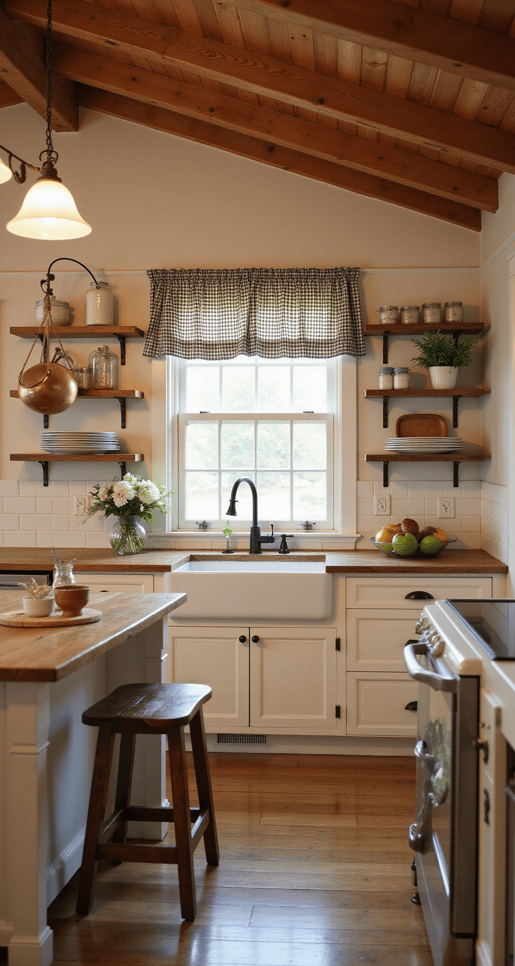Spice Up Your Bloxburg Kitchen: Mouthwatering Design Ideas That'll Make You Wanna Cook (Even If It's Just Virtual Food) Cozy farmhouse kitchen at golden hour with wooden beams, creamy white shaker cabinets, large apron-front sink, open shelving with vintage dishes, butcher block island, distressed stools, and hanging copper pots, all under soft, warm lighting.
