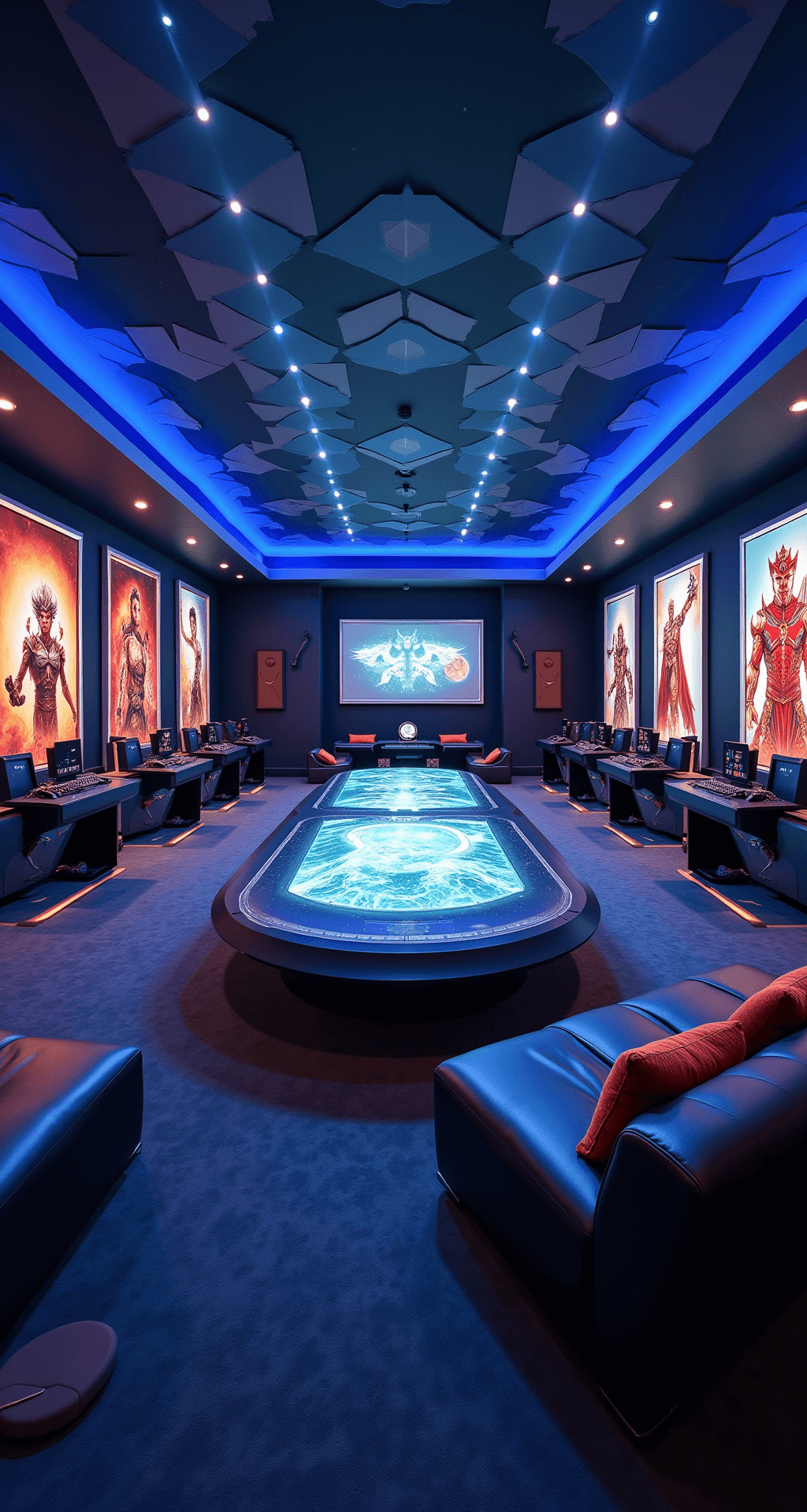 A panoramic view of a 25x30ft basement gaming paradise featuring themed gaming stations, a large round sofa around a holographic display table, geometric acoustic foam panels on the walls, iconic game character prints, and a wet bar with game-themed cocktails, all illuminated by dramatic uplighting.