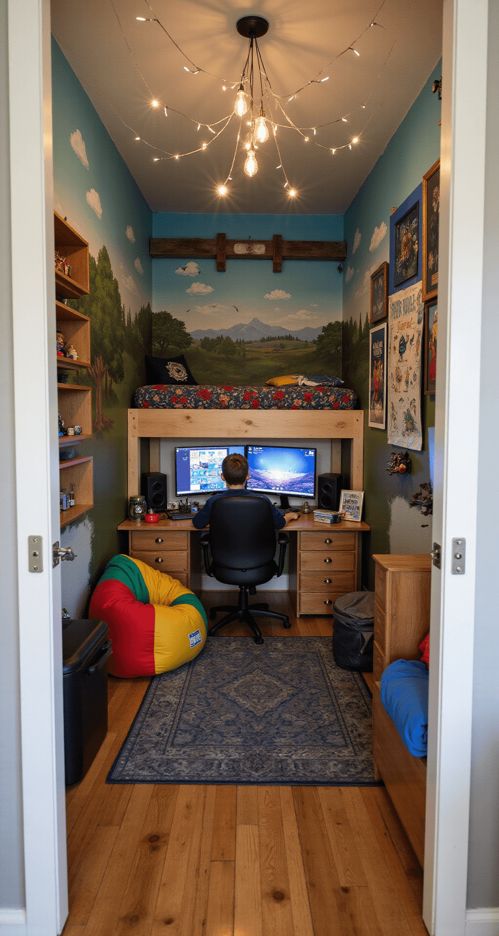 A cozy 12x14ft boy's bedroom transformed into a gaming haven with a loft bed, DIY gaming desk, hand-painted murals, repurposed wooden crate shelves, string lights, and colorful decor, viewed from the doorway.