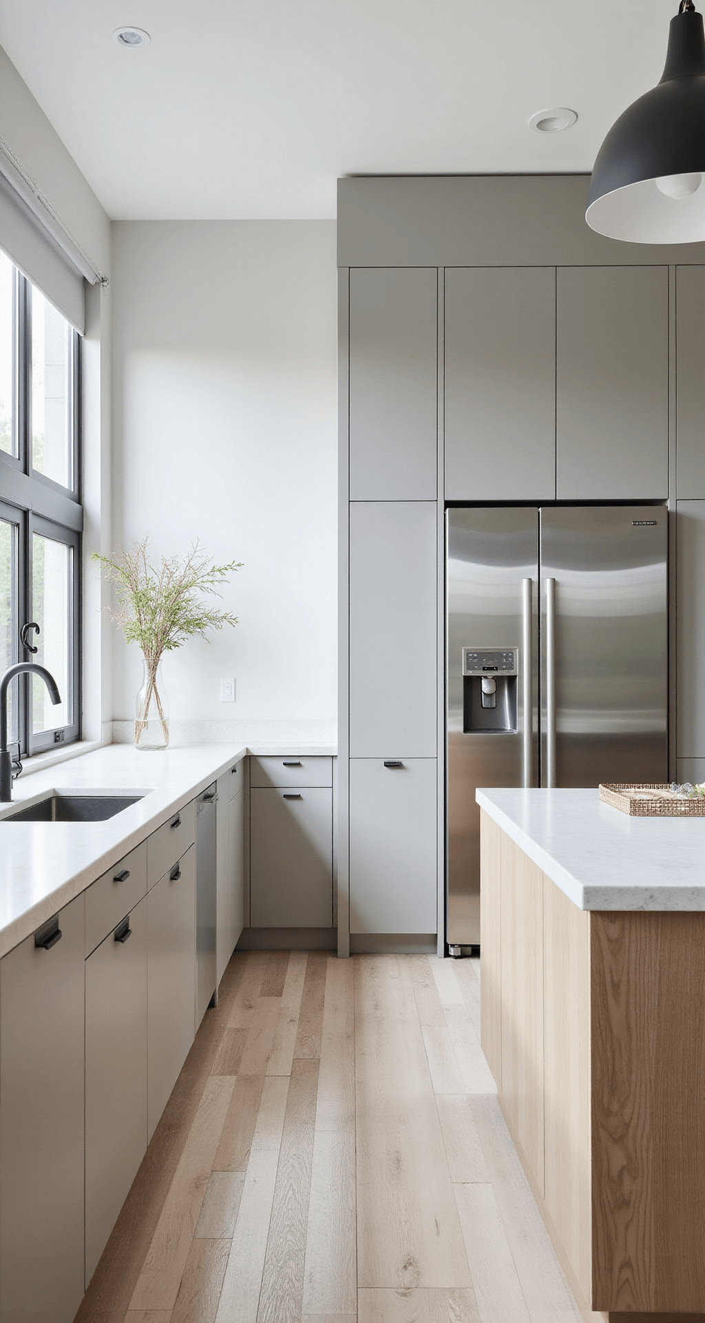 Spice Up Your Bloxburg Kitchen: Mouthwatering Design Ideas That'll Make You Wanna Cook (Even If It's Just Virtual Food) A bright minimalist kitchen featuring floor-to-ceiling windows, dove gray handleless cabinets, a bleached oak statement island, sleek white quartz countertops, and a prominent stainless steel refrigerator, with an oversized pendant light illuminating the space.