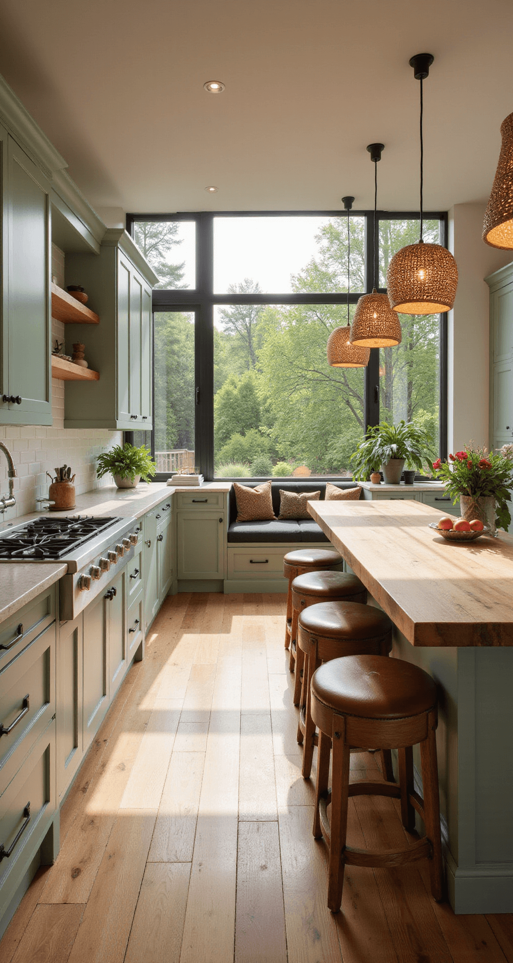 Spice Up Your Bloxburg Kitchen: Mouthwatering Design Ideas That'll Make You Wanna Cook (Even If It's Just Virtual Food) An L-shaped kitchen with sage green upper cabinets and a butcher block island opens to a living area, illuminated by late afternoon light. A large window offers a view of a garden, with leather stools at the island and woven pendant lights overhead. A cozy reading nook is visible in the corner, emphasizing the seamless flow between the kitchen and living spaces.