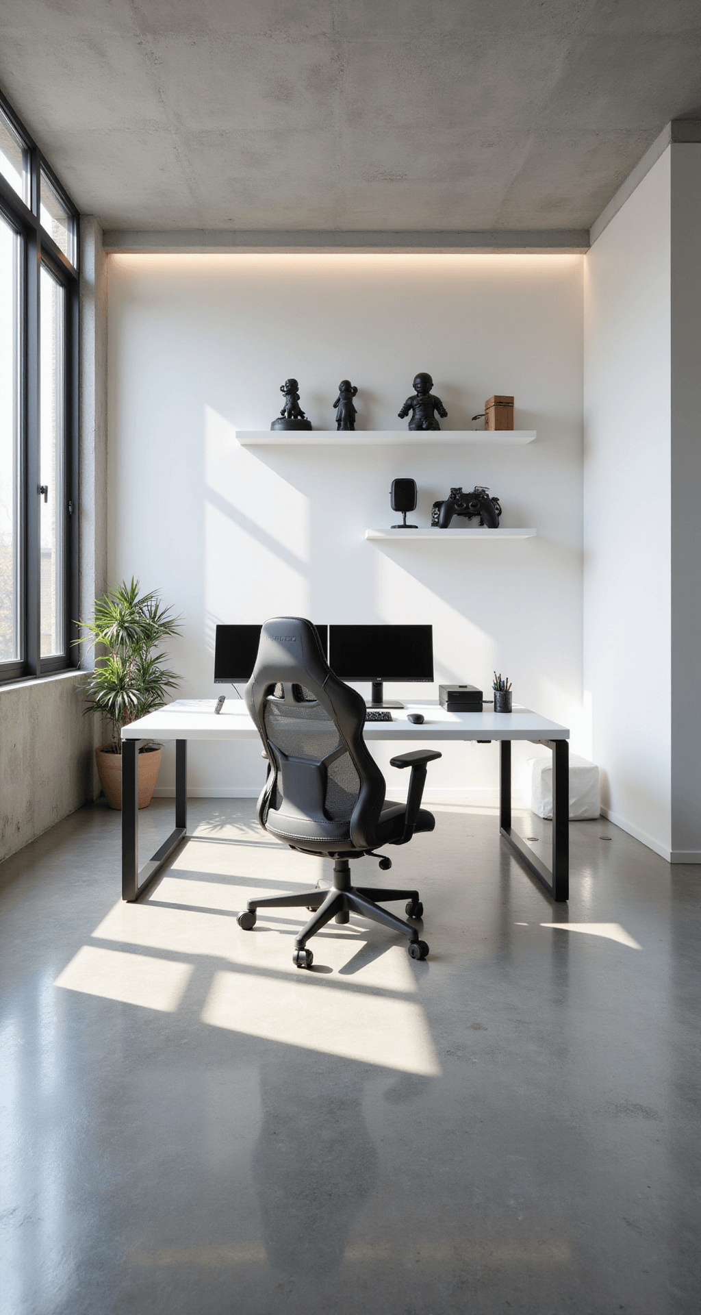 A modern, minimalist gaming room filled with soft afternoon light, featuring floor-to-ceiling windows, a sleek white desk with hidden cable management, three floating shelves displaying monochromatic gaming figurines, an ergonomic black gaming chair, and slim bezelled monitors on a polished concrete floor, complemented by a single potted plant.