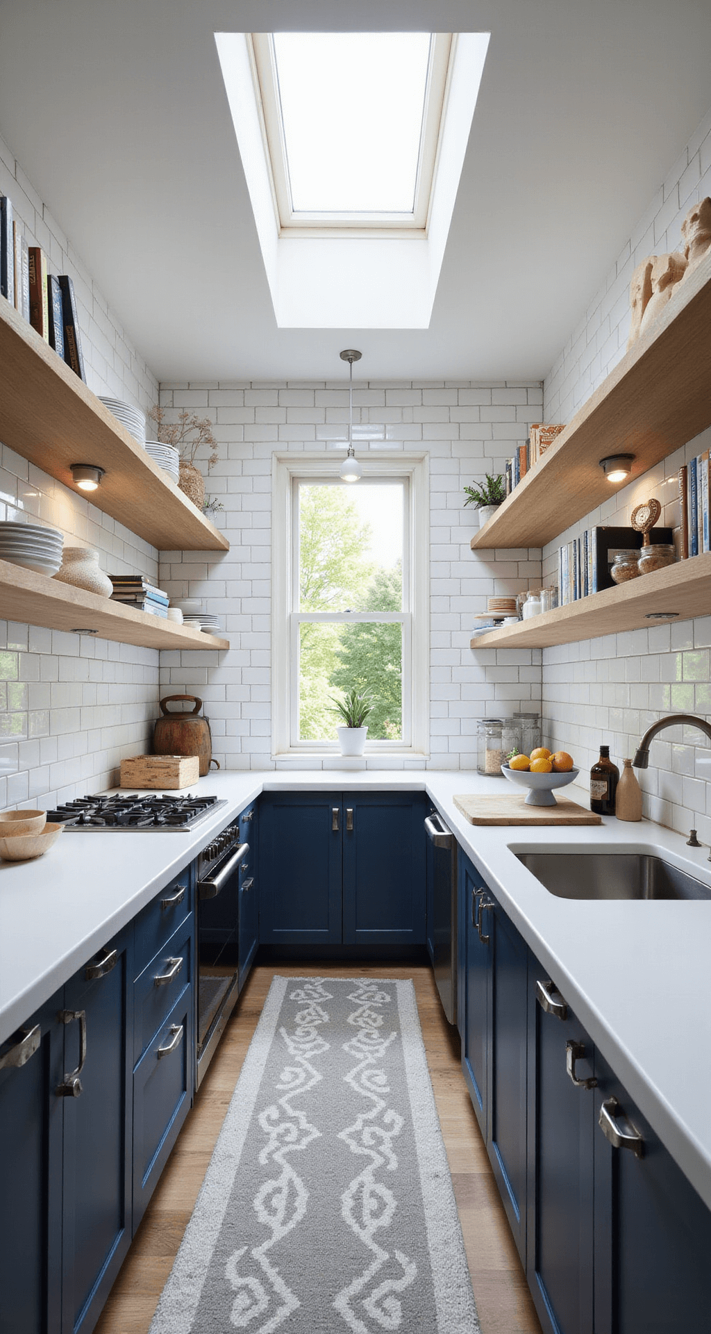 Spice Up Your Bloxburg Kitchen: Mouthwatering Design Ideas That'll Make You Wanna Cook (Even If It's Just Virtual Food) A narrow galley kitchen featuring white subway tile walls, navy blue lower cabinets, open shelving with dishes and cookbooks, and a skylight illuminating the space, complemented by a geometric runner rug.