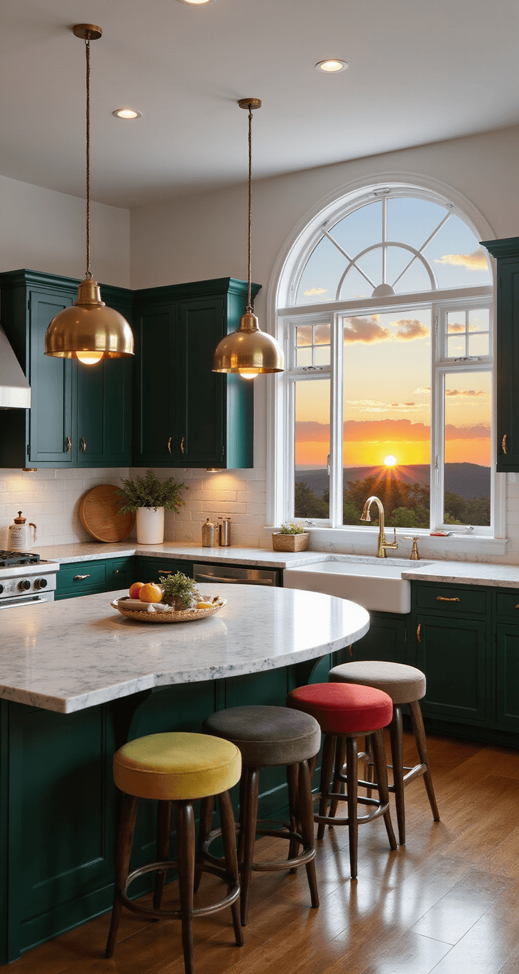 Spice Up Your Bloxburg Kitchen: Mouthwatering Design Ideas That'll Make You Wanna Cook (Even If It's Just Virtual Food) A stylish kitchen with a circular marble waterfall island, surrounded by jewel-toned velvet stools, deep forest green cabinets, and white walls, illuminated by brass pendant lights during a vibrant sunset viewed through a large arched window.