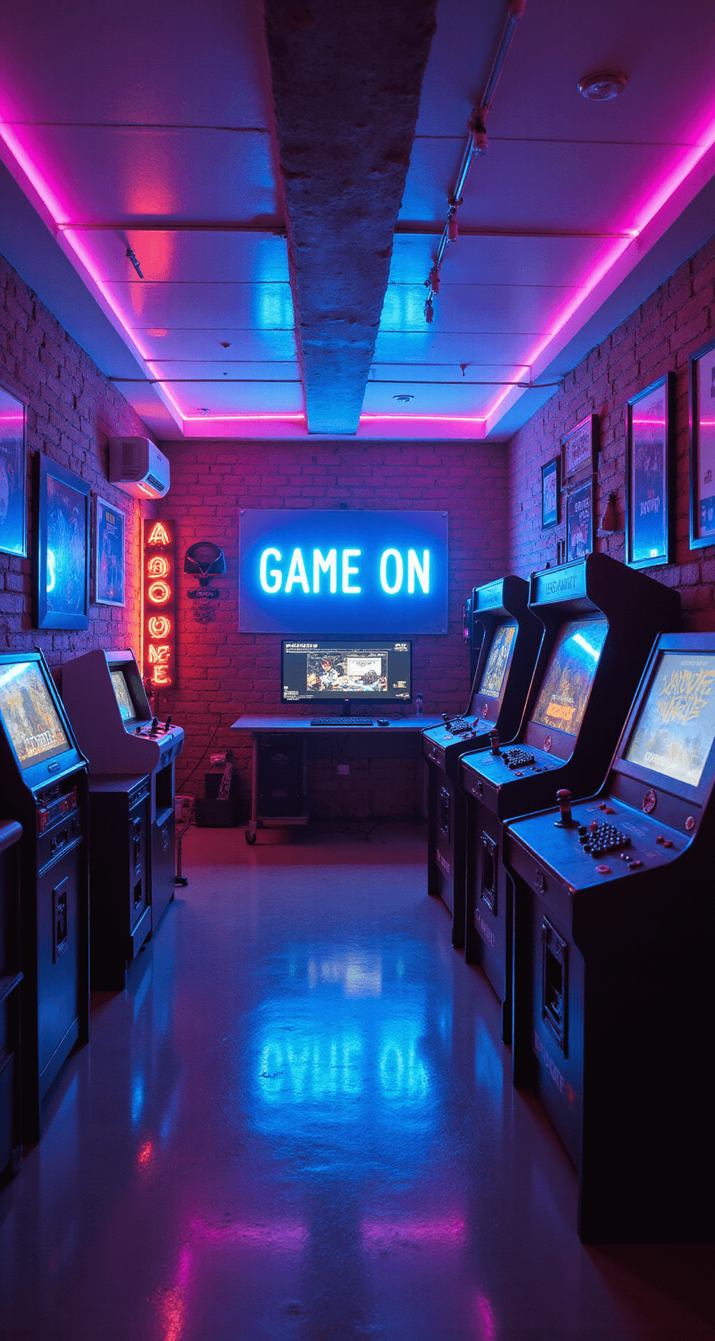 A vibrant retro arcade gaming den featuring neon signs, vintage game posters on exposed brick walls, restored arcade cabinets, and a modern gaming setup with a curved ultrawide monitor, all illuminated by colorful LED strips in a mix of primary colors.